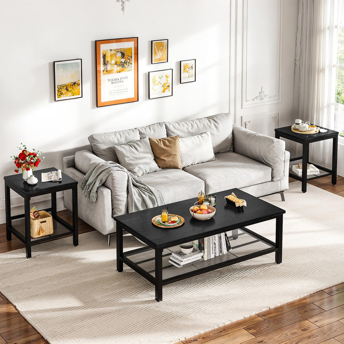Recaceik 3-Piece Living Room Coffee Table Set, Industrial Coffee Table with 2 Square End Side Tables, Modern Living Room Table Set with Metal Frame for Apartment Home Office (Black)