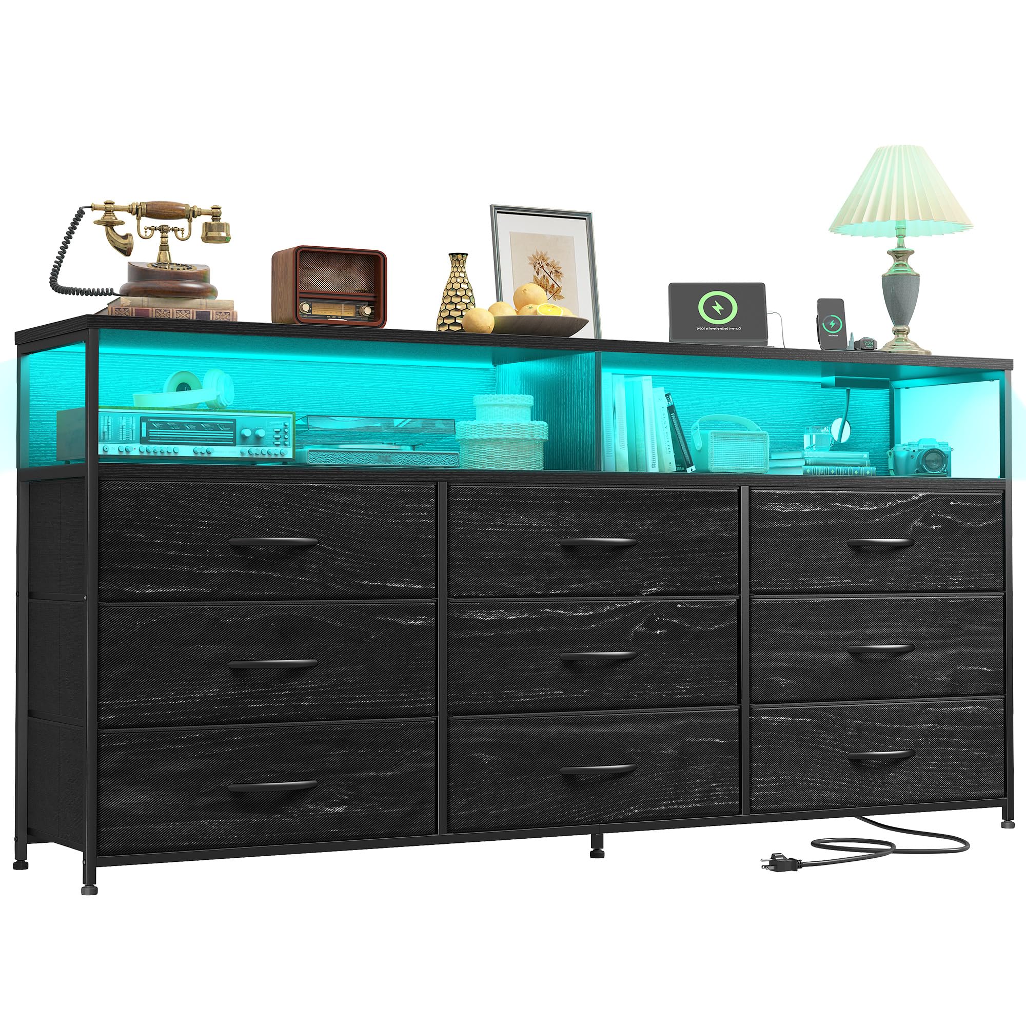 Romorgniz 55" W Dresser for Bedroom with 9 Drawers LED TV Stand with Power Outlets for 45, 55, 65 Inch TV Sturdy Long Chest of Drawers with Extra 2 Wooden Shelves Steel Frame Grain Black