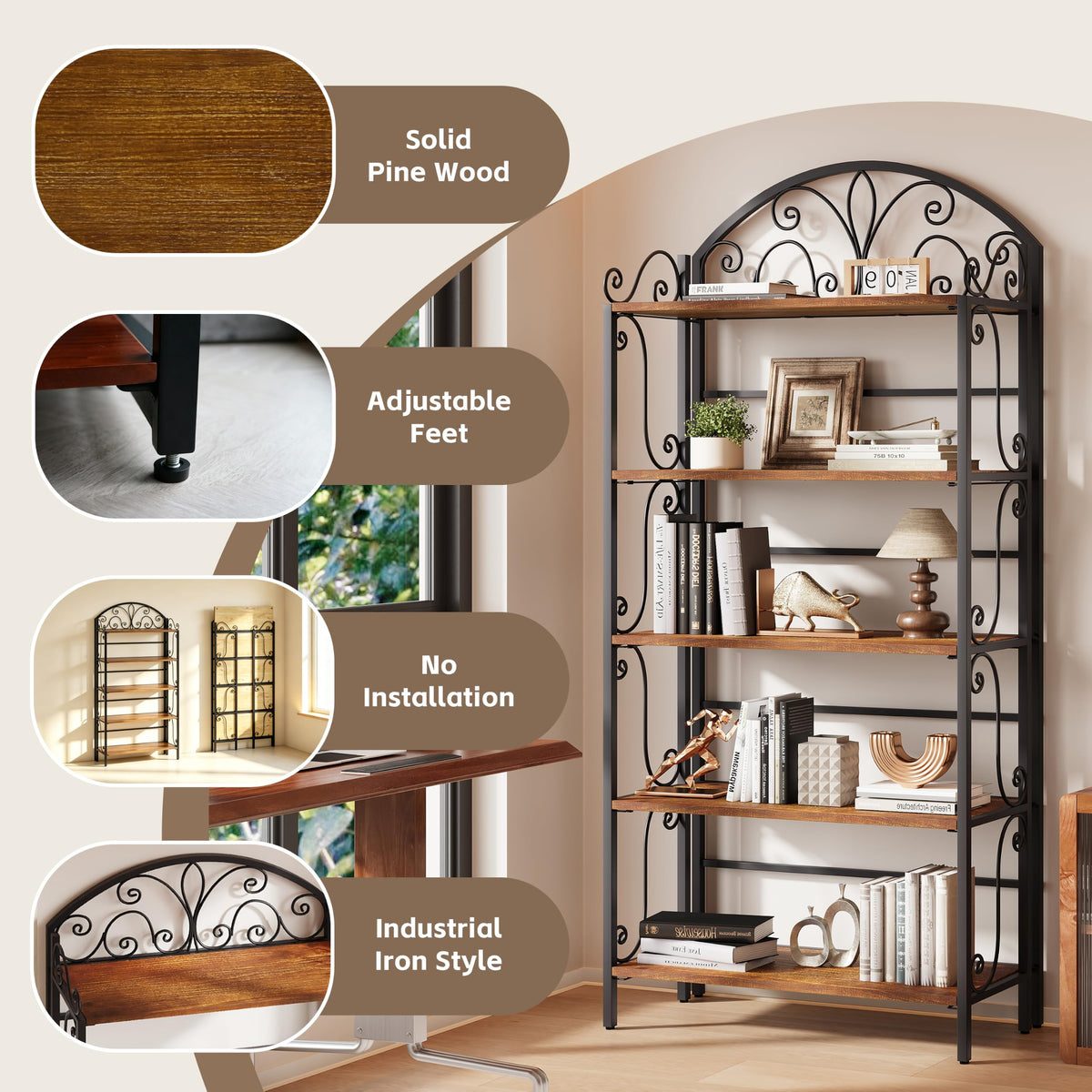5-Tier Folding Solid Pine Bookshelf