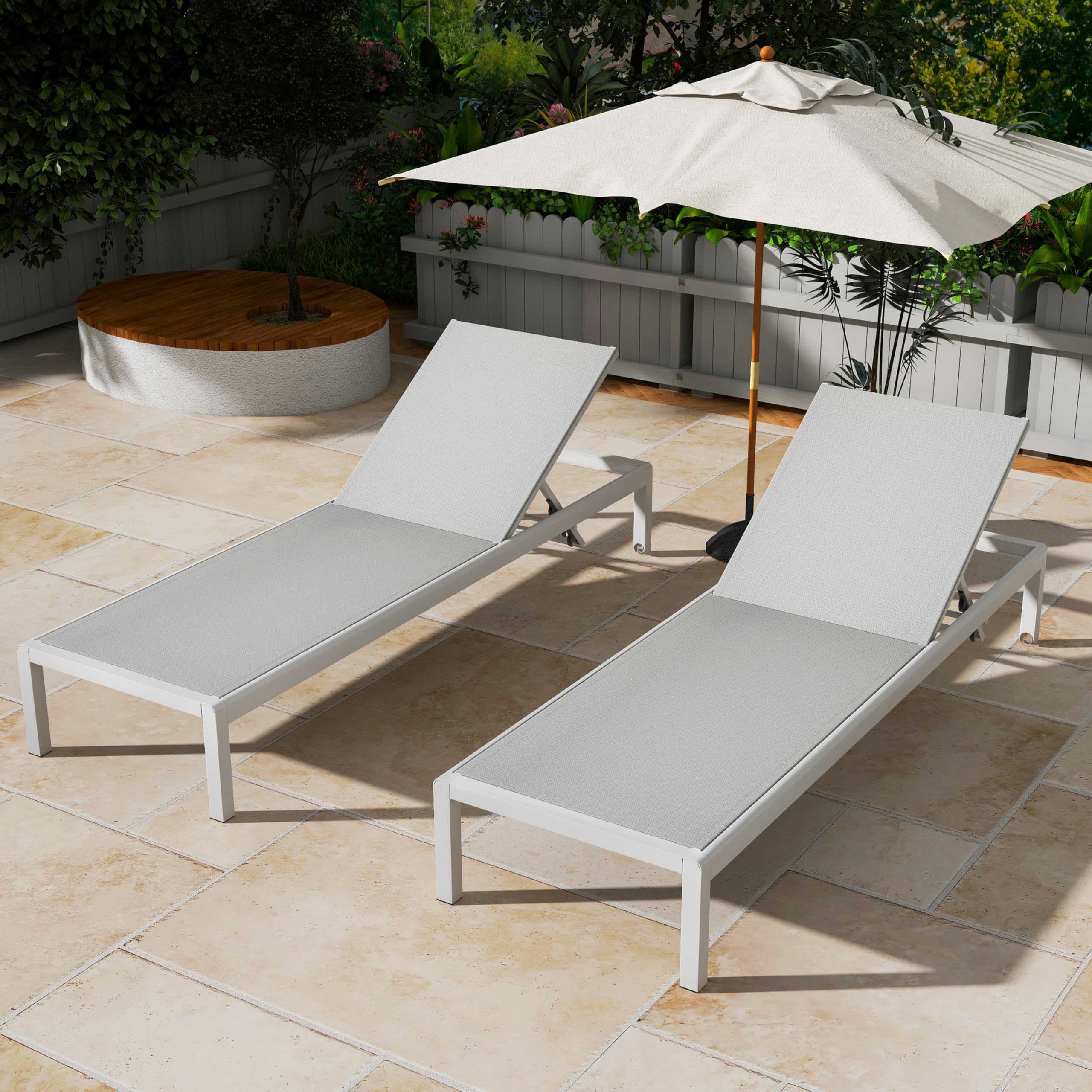 Christopher Knight Home Set of 2 Berton Outdoor Mesh Seat Chaise Lounge Chairs, Patio Adjustable Aluminum Frame Single Lounge Sofa, Poolside/Garden/Backyard Seating, All-Weather Furntiure, Gray+White