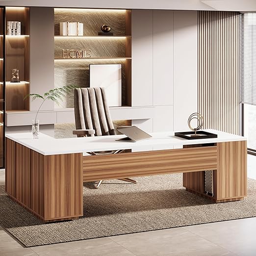 L-Shaped Executive Office Desk with File Drawers & Storage Cabinet