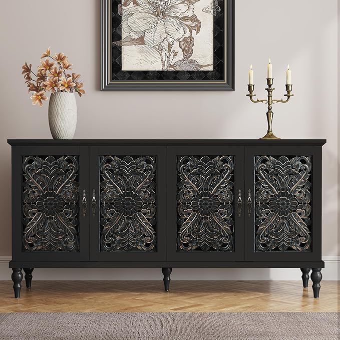 63" Hollow Carved Wood Accent Cabinet with 4 Doors