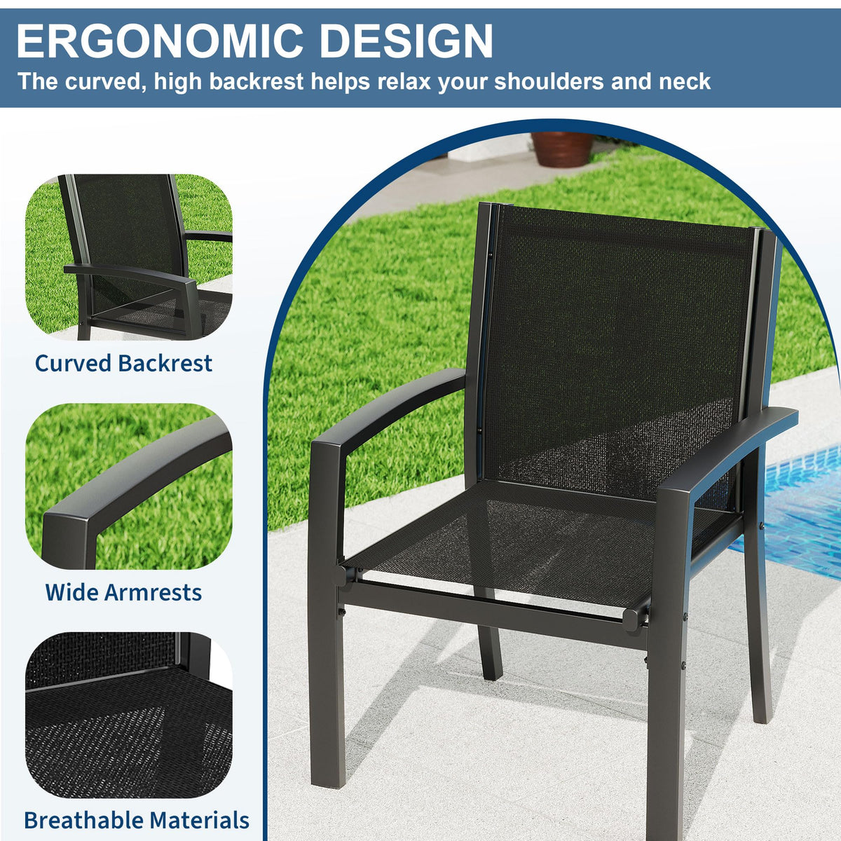 Garvee 4 Piece Patio Bistro Furniture Set, Outdoor Conversation Set with 3 Chairs, Loveseat & Glass Coffee Table, All-Weather Textilene Fabric & Steel Frame for Backyard, Poolside, Porch, Lawn - Black