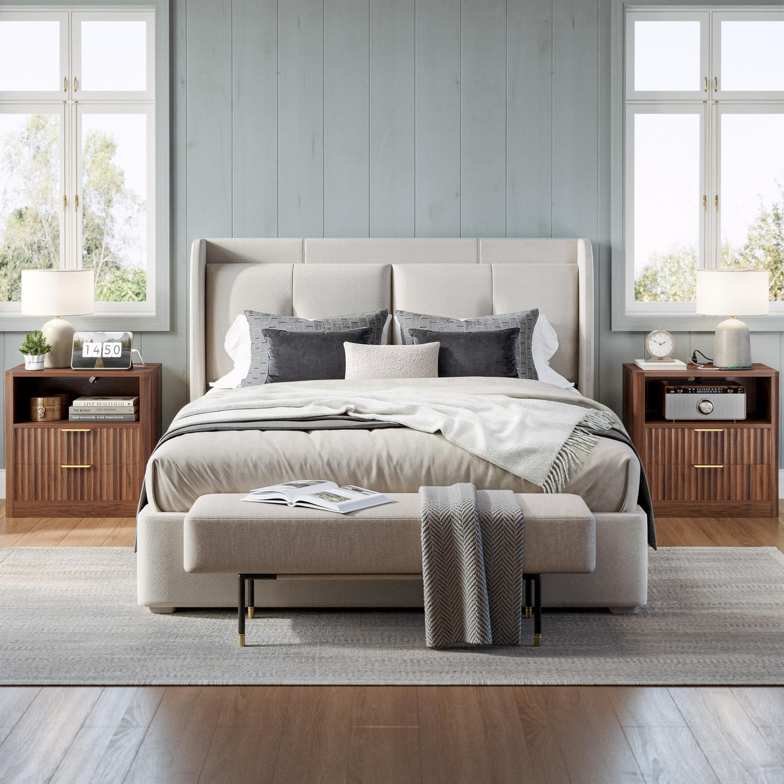 Fluted Nightstand Set of 2 with Charging Station