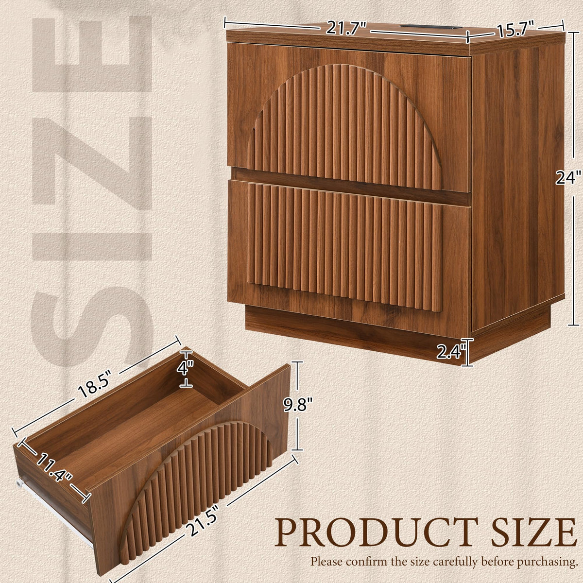 Yechen Fluted Nightstand with Charging Station, 2 Drawers, Walnut