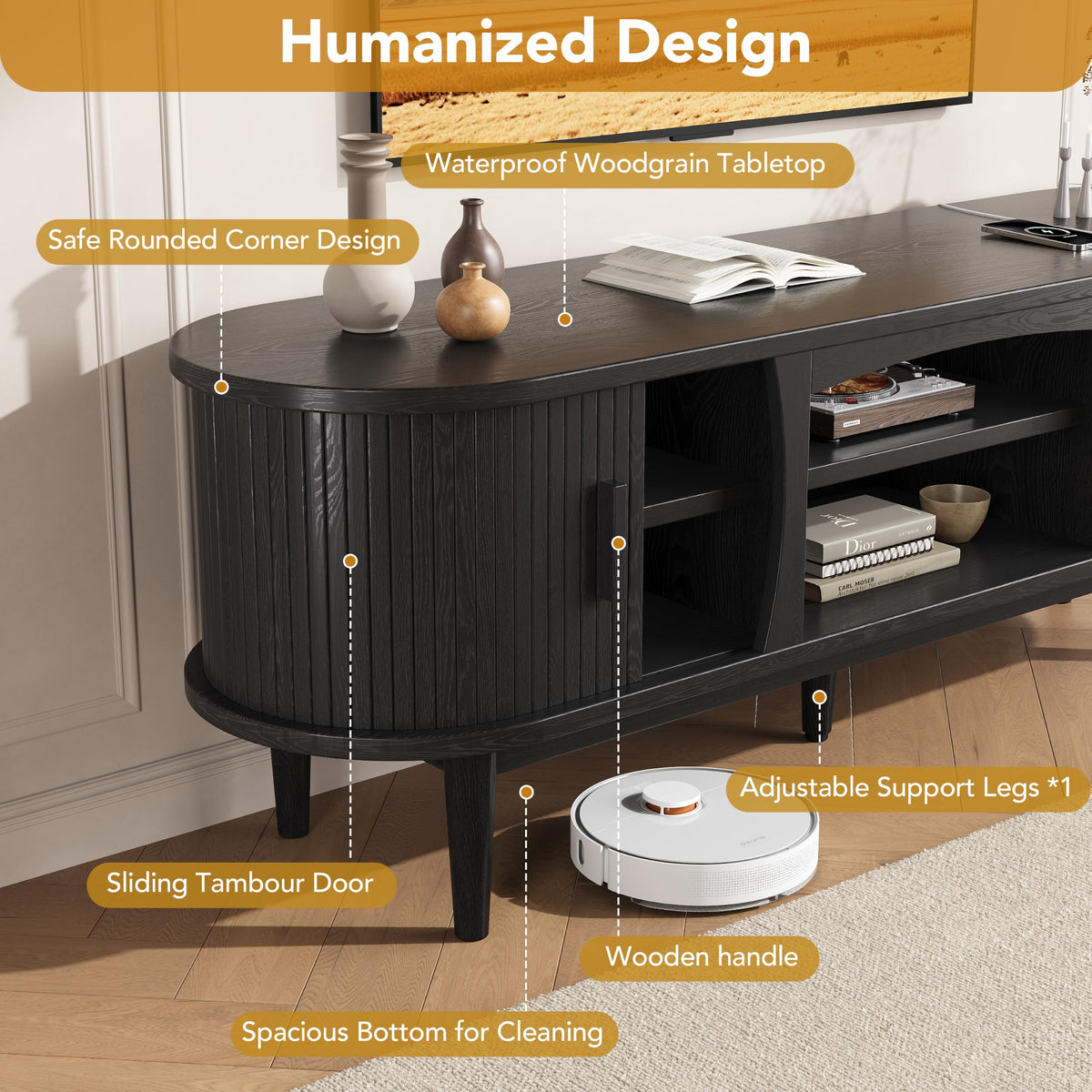 Decofy 63" Fluted TV Stand for TVs Up to 70" with Charging Station, Black