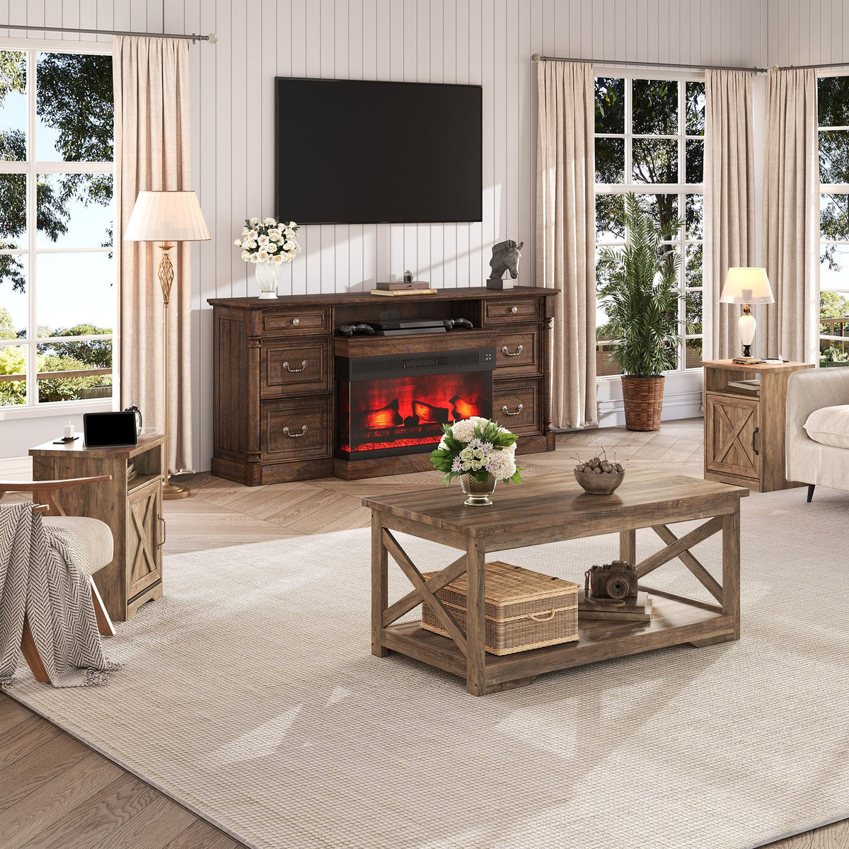 LUXOAK 3 Piece Living Room Table Set with Barn Door, Barnwood