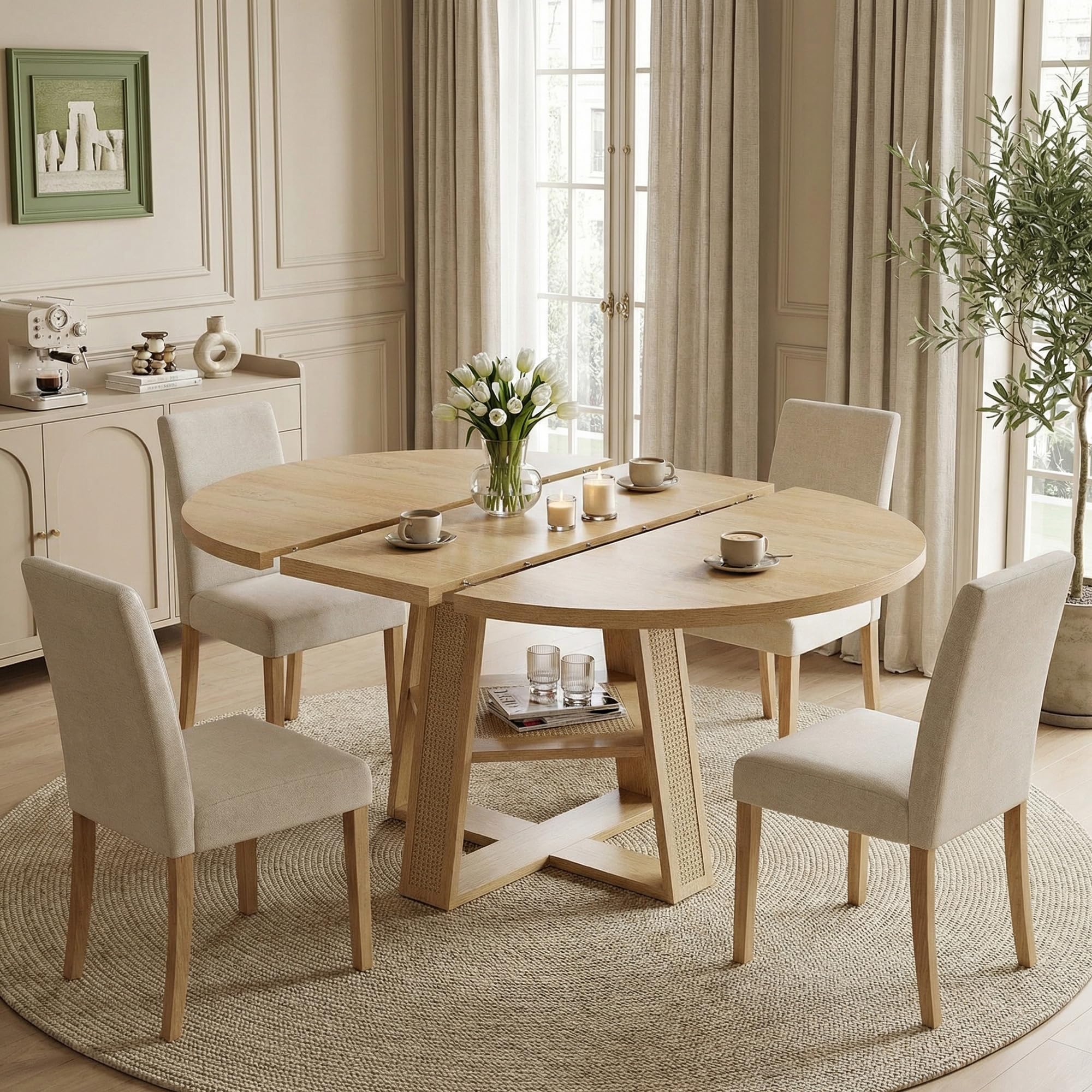 Extendable Round Dining Table with Storage Shelf