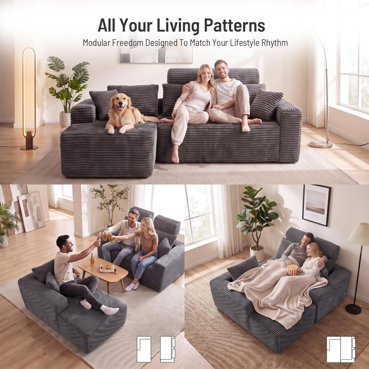 96" Boneless Couch, High Back Support L Shaped Oversized Living Room Sofa