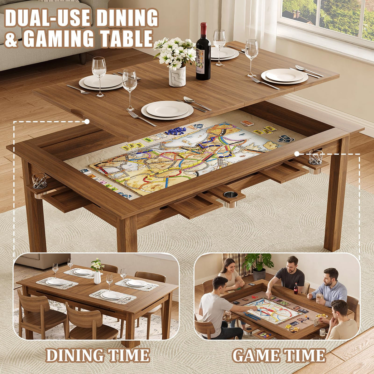 NDOHCUO Board Game Table with Removable Top,63" Dining/Gaming Table, Walnut