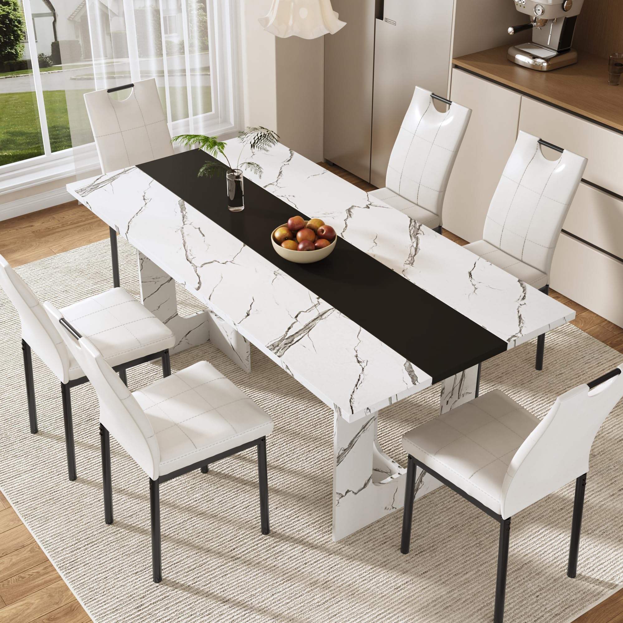 St.Mandyu 7 Pieces Dining Table & Chairs Set for 4-8 People, 71 Inch Kitchen Table with 6 Chairs, Rectangle Dining Table with Wooden Legs for Dining Room, Living Room, White