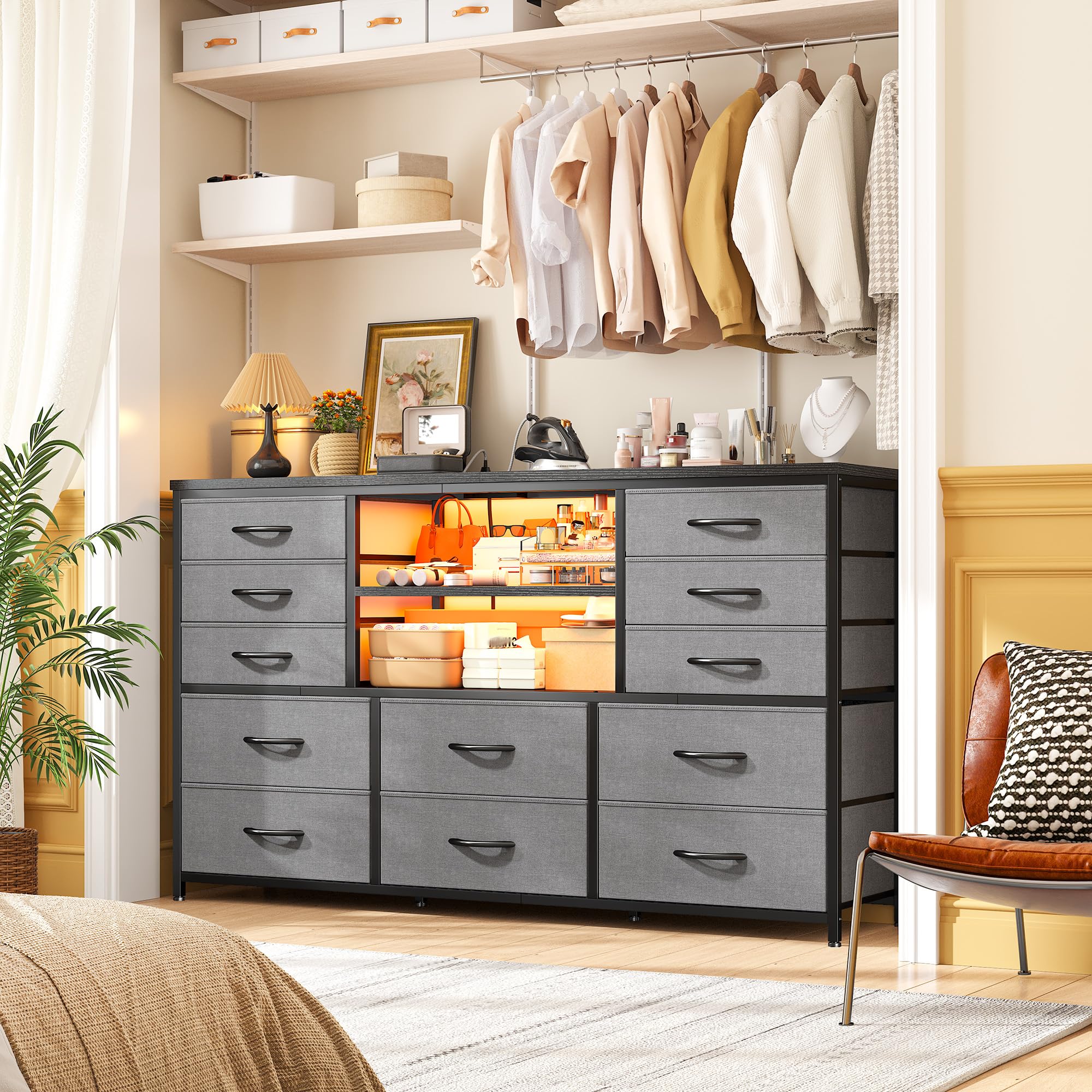 EnHomee 12 Drawers Dresser for Bedroom with LED Lights & Charging Station, TV Stands for 55/60'' TV, Fabric Dressers & Chests of Drawers with 3 Wooden Shelves for Hallway,Sturdy,Grey