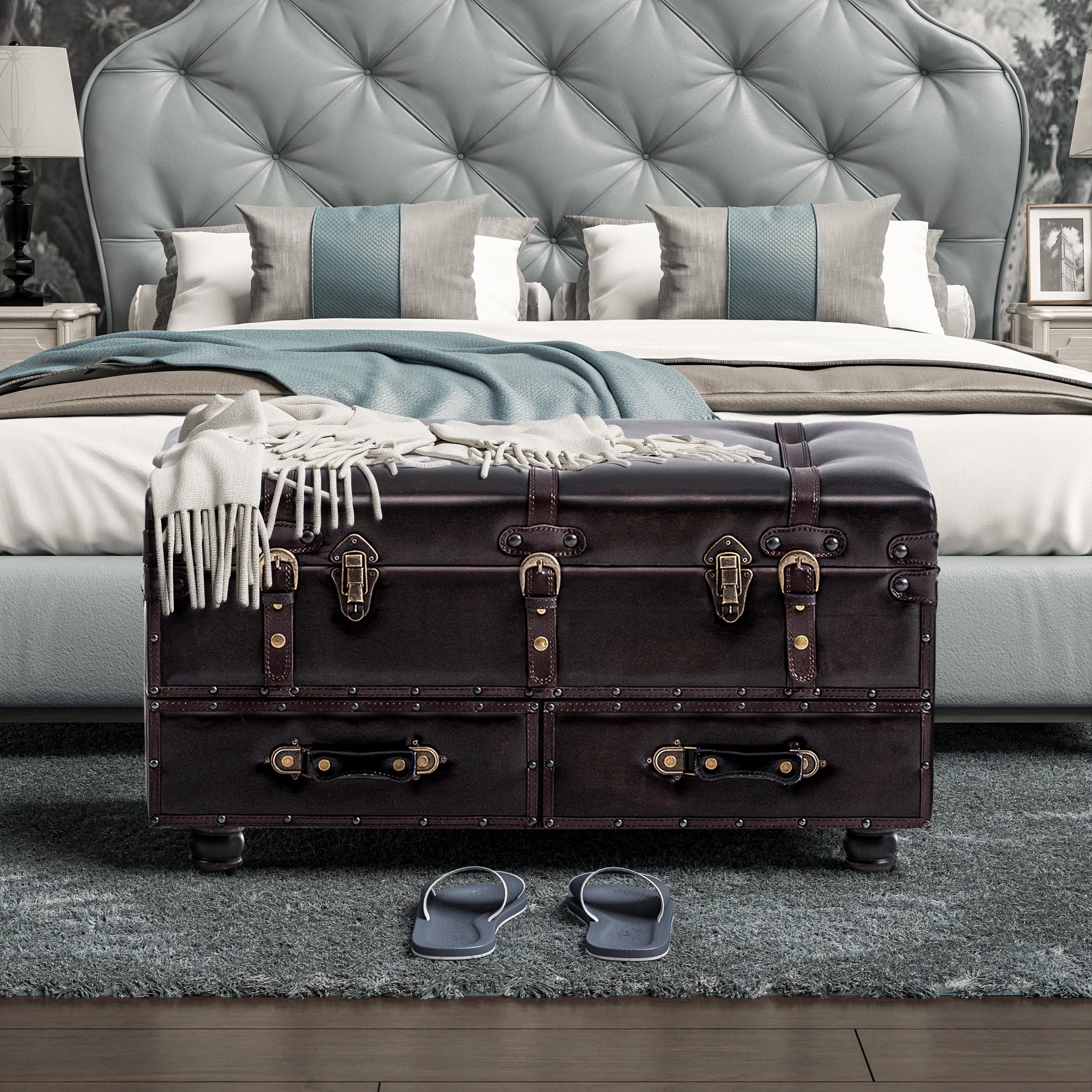 Vintage Faux Leather Storage Ottoman Bench