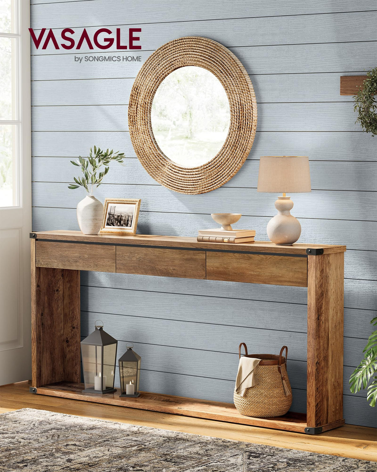 VASAGLE 47.2" Console Table with 3 Drawers, Entryway Table, Bottom Shelf