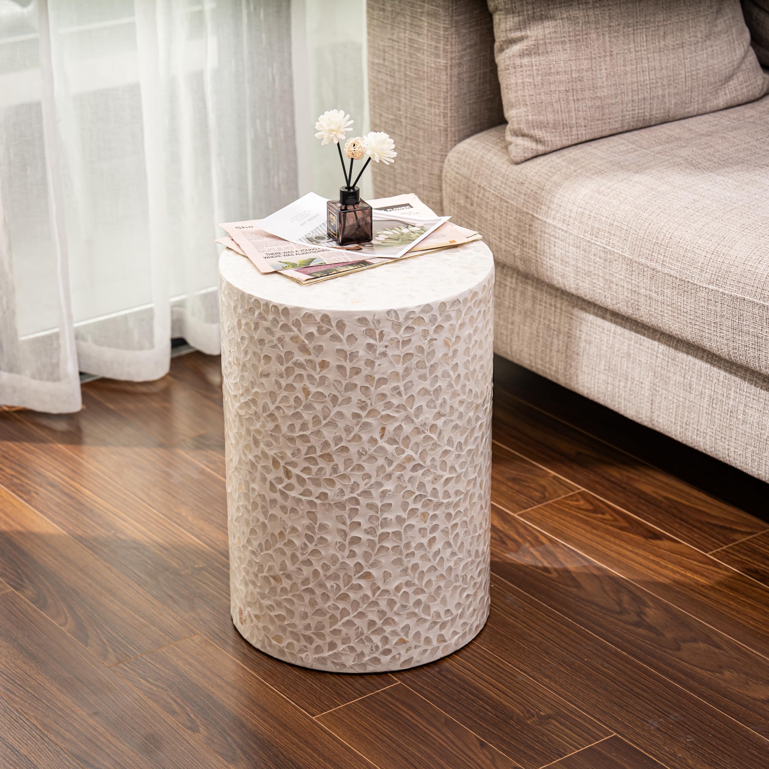 Capiz Shell Cylinder Drum End Table