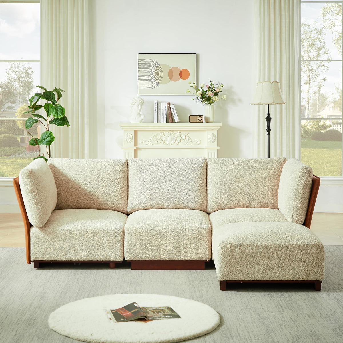 Christopher Knight Home Macy Modern L-Shaped Modular Couch with Ottoman, Modular Sectional Sofa with Wooden Frame for 4, Boucle Fabric Lounge Sofa Couch for Living Room Home Office, Sesame