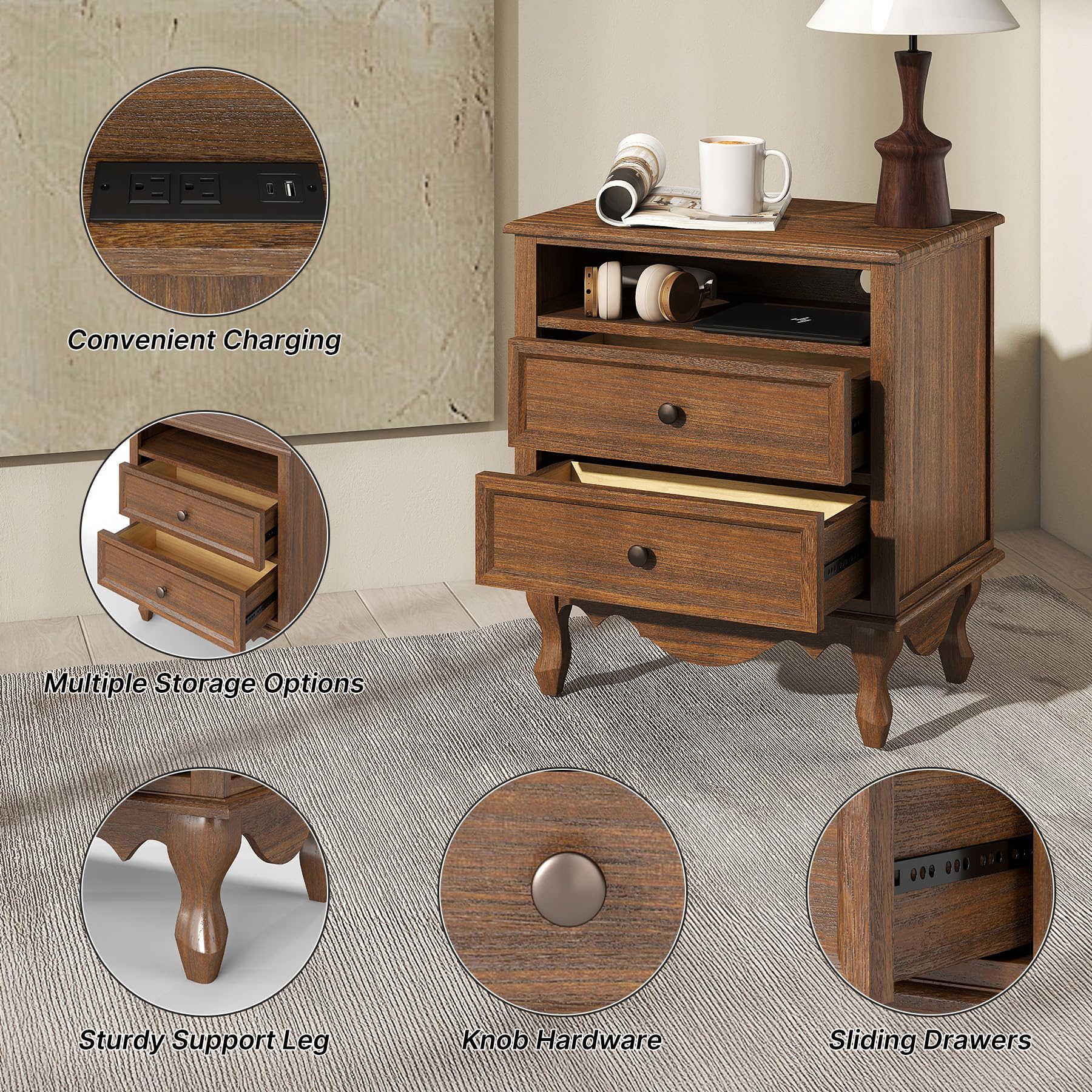 Nightstand with 2 Drawers, Open Shelf & Charging Station