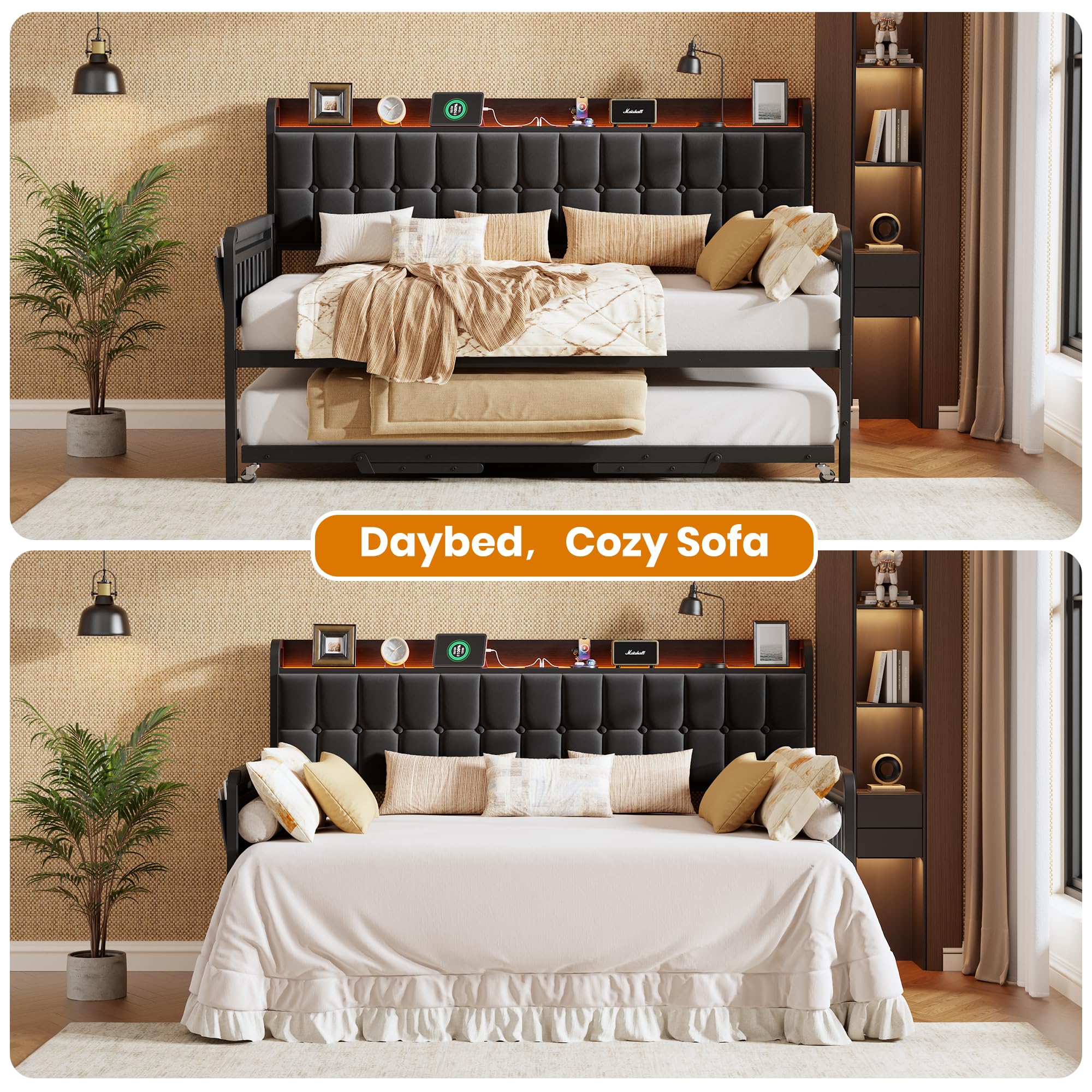 Garvee Twin Bed Frame Daybed with Trundle - with LED Light & Charging Station, Upholstered Sofa Bed with Storage Headboard and Heavy Duty Metal Slats, for Living Room, Bedroom, Guest Room, Black