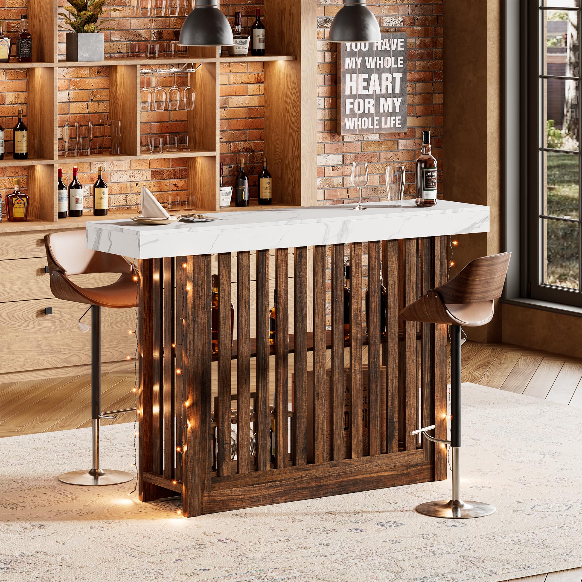 GarveeHome 63" Long Bar Table - Counter Bar Height Pub Table with 2 Tier Storage Shelves, Modern Coffee Breakfast Bar Unit for Dining Room, Bistro, Living Room, White + Walnut
