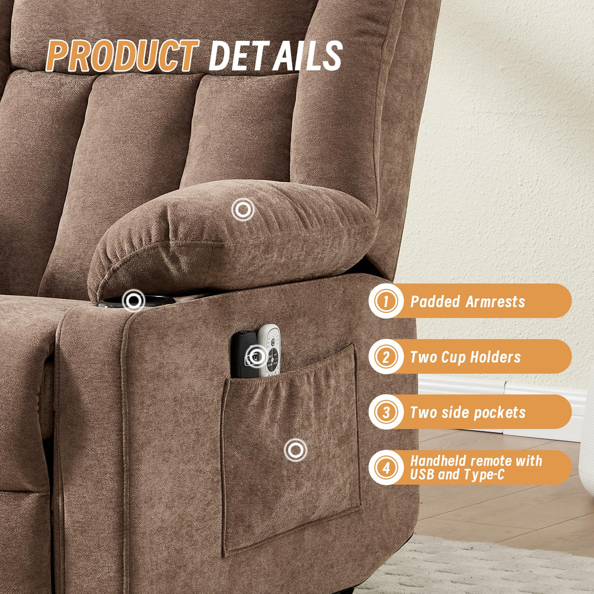 Sftaiyou Power Lift Recliner for Elderly,Electric Recliner Chair with Massage & Heating for Adults, USB Charging, Cup Holders, Side Pocket, Living Room Sofa L1288 (Brown)