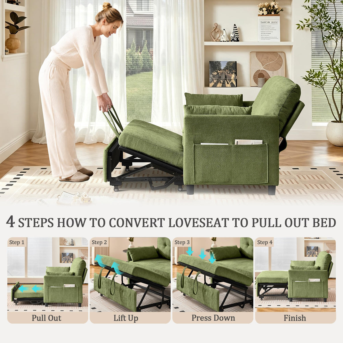 Green Linen Pull-Out Sleeper Loveseat
