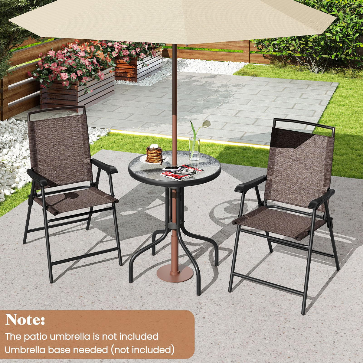 Tangkula 3 Piece Bistro Set Outdoor, Bistro Folding Chairs and Table Set, Rippled Tempered Glass Round Tabletop with Umbrella Hole, Small Patio Furniture Dining Set for Porch Balcony Garden Yard