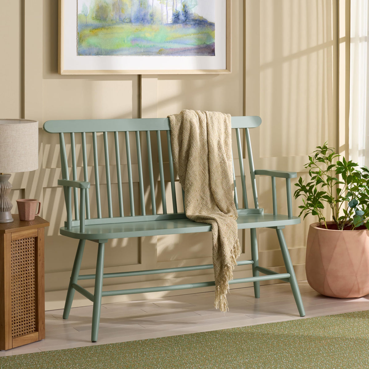 Sage Green Wood Spindle Back Bench