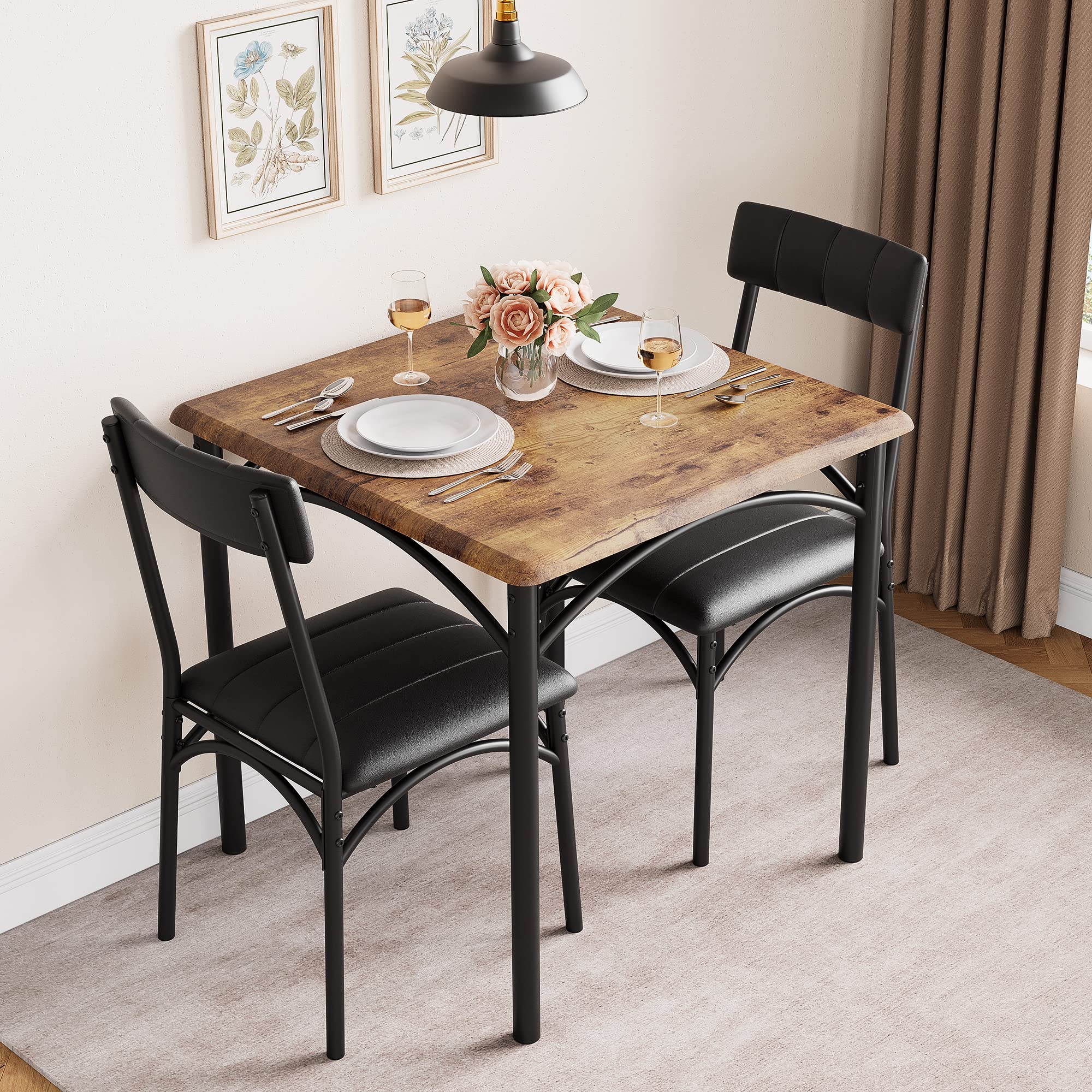 SLEKVERSA 3-Piece Dining Table Set for 2, Kitchen Table Set with 2 Upholstered Chairs, Square Dining Table Set for Apartment, Studio, Small Space, Brown