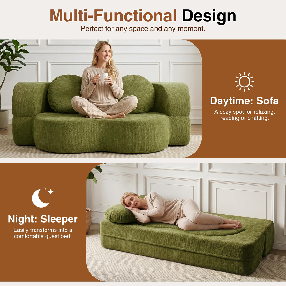 Shintenchi 78" Convertible Sofa Bed, Sleeper Boneless Futon Sofa, Green