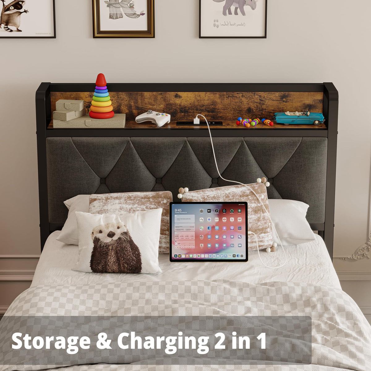 ANCTOR Twin Bed Frame, Storage Headboard with Charging Station