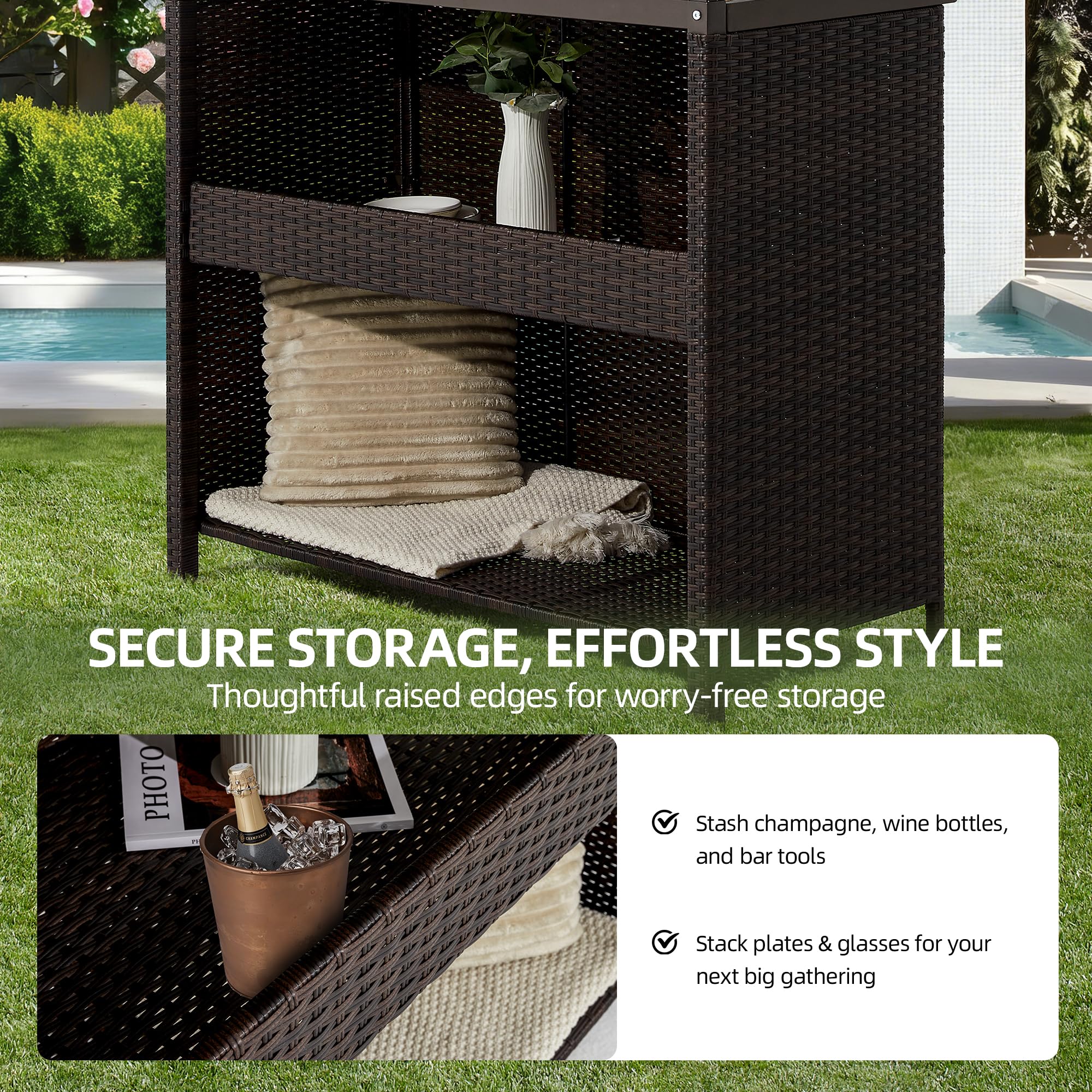 Mvpipi Outdoor Tiki Bar Set, 3 Pieces All-Weather Wicker Patio Bar Set with 2 Height Stools and Storage, Outdoor Bar Set for Outside Patio, Garden, Backyard,Brown