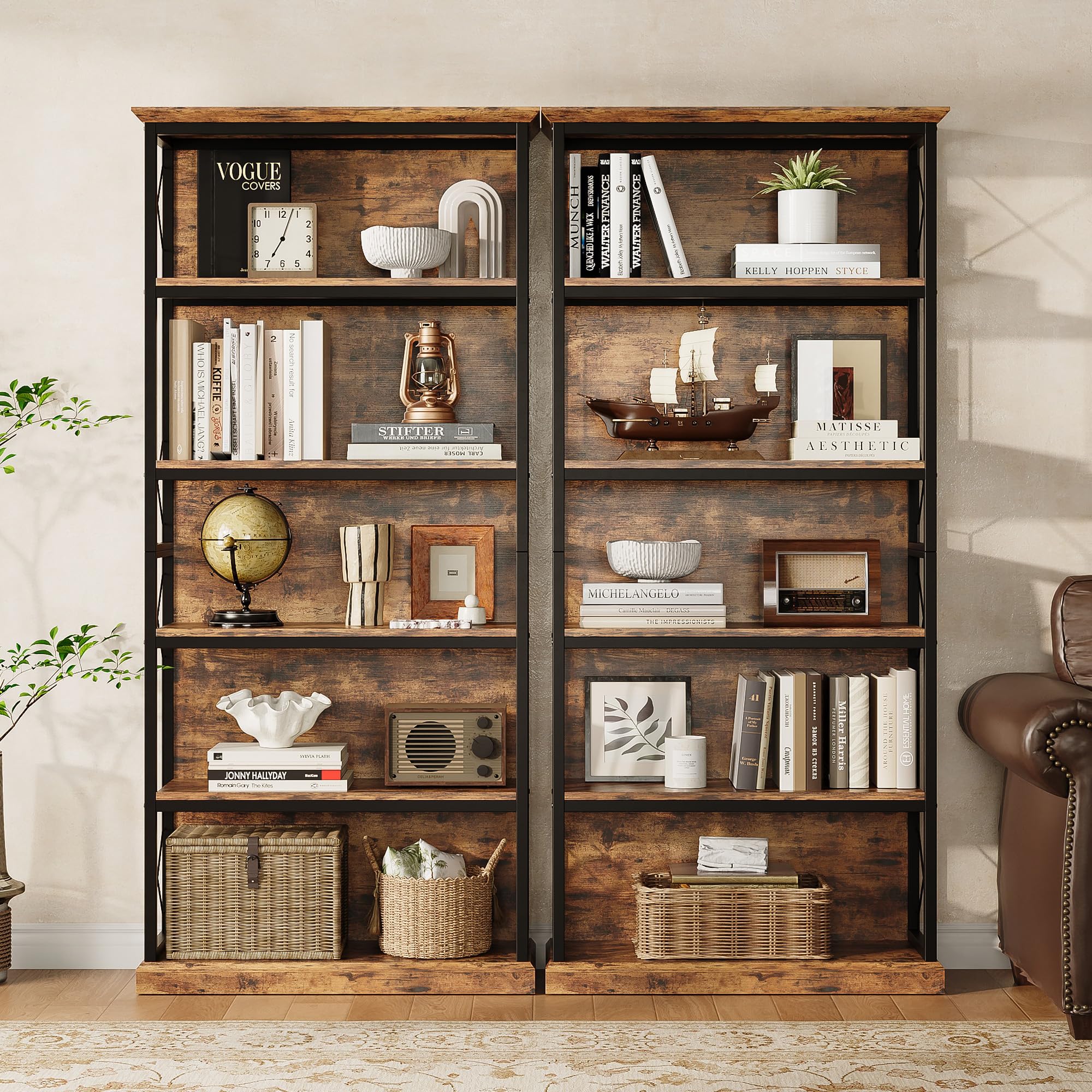 IRONCK 71 Inch Industrial Bookshelf, 5 Tier Tall Bookshelf and Bookcase to Display and Collect, Thicken Wood Rustic Book Shelf with Thicken Metal Frame for Living Room and Bedroom, Rustic Brown