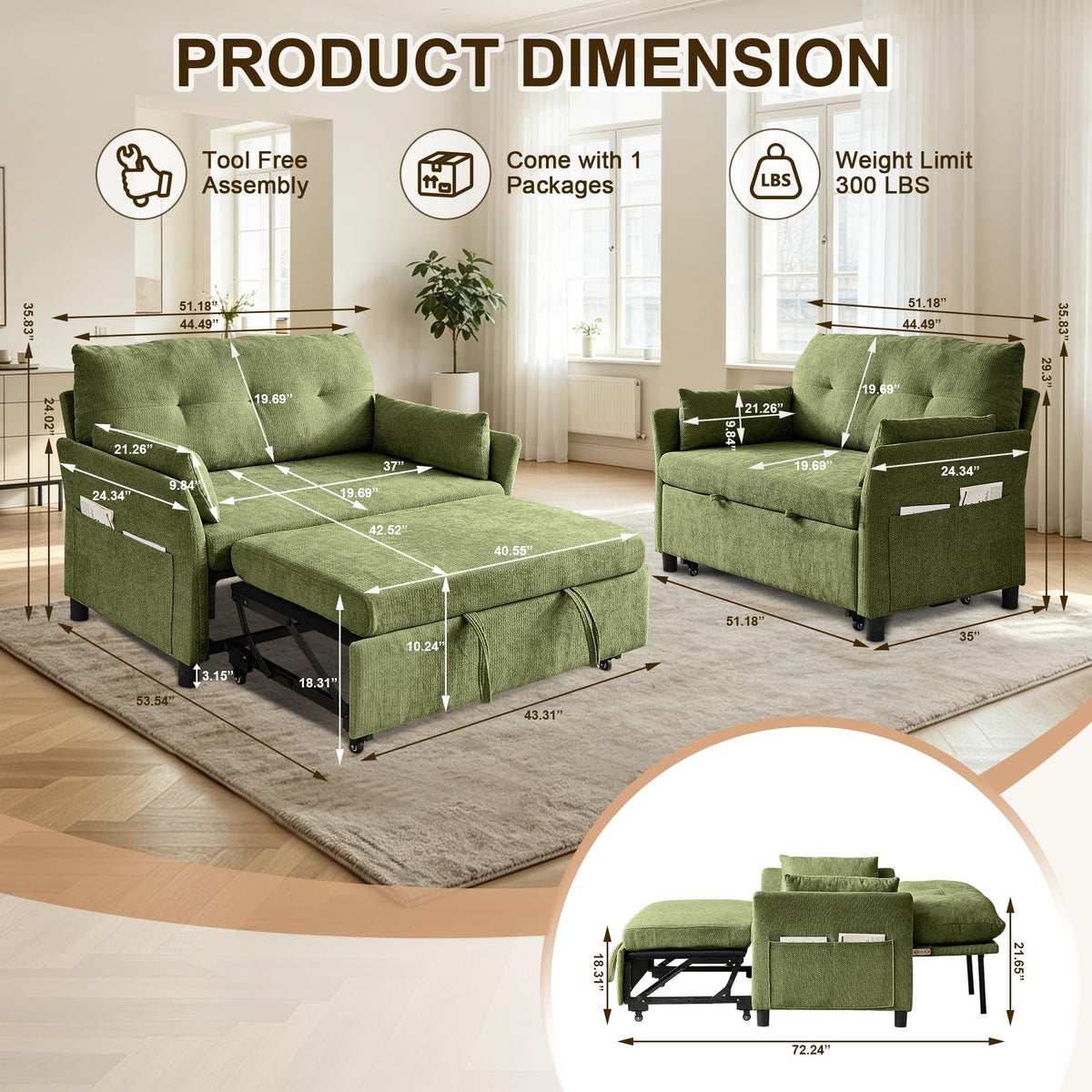 Green Convertible Loveseat Sofa Bed