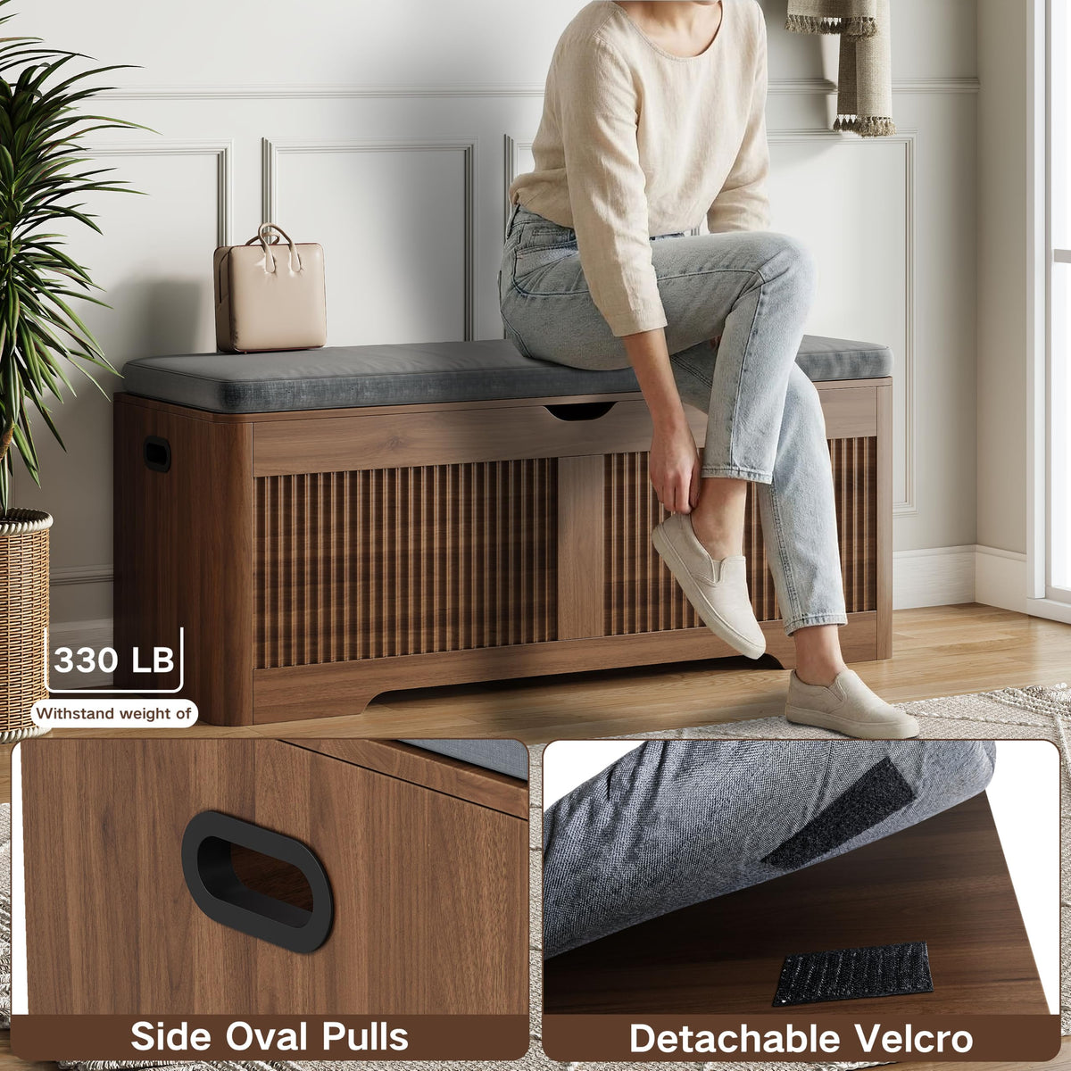 47.3"W Fluted Storage Chest with Padded Seat Cushion, Curved Profile,Walnut