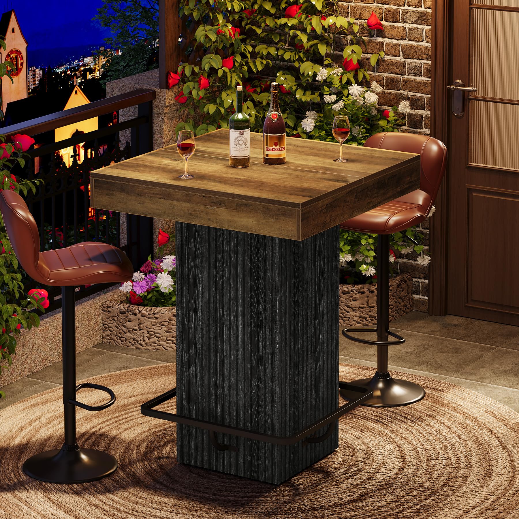 Tribesigns Square Bar Table, Kitchen Dining Table, Industrial Counter Height Pub Cocktail Table Home Bar Unit with Metal Footrest for Dining Room, Tavern, Coffee Corner, Bistro, Rustic Brown