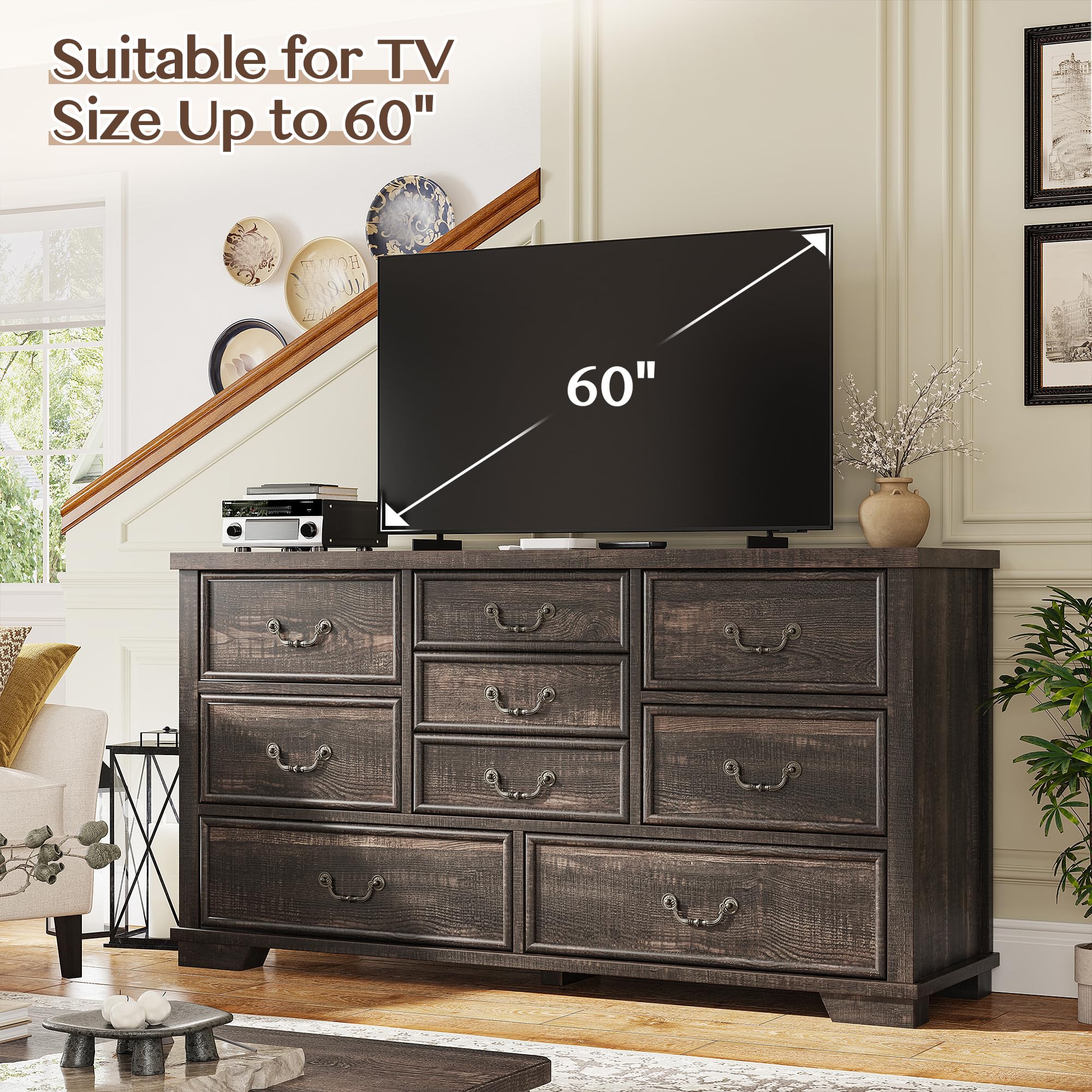 EnHomee Farmhouse 9 Drawer Dresser for Bedroom, 52" Wooden Dresser with Vintage Design, Hallway, 15.6" D x 52" W x 36" H Dark Rustic Oak