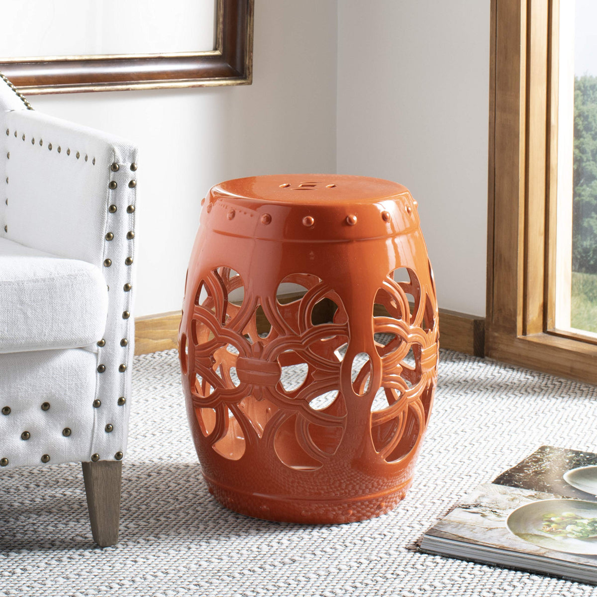 SAFAVIEH Furniture - Imperial Vine Decorative Garden Stool - Orange - Ceramic - Artisan Hand-Painted Design - Ideal for Living Room, Patio, Garden - Fully Assembled (ACS4539D)