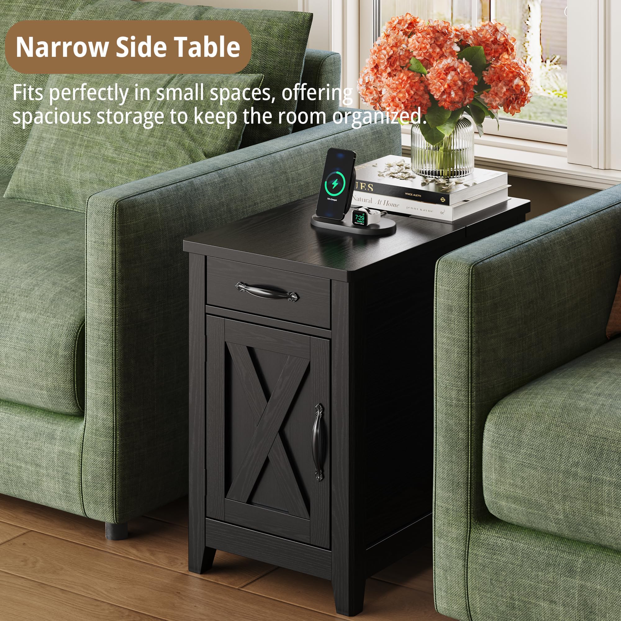 IRONCK End Table with Charging Station, Narrow Side Table for Living Room, Night Stand Set of 2 with Drawer and Cup Holder, Farmhouse Bedside Table with USB Ports and Outlets for Home, Black