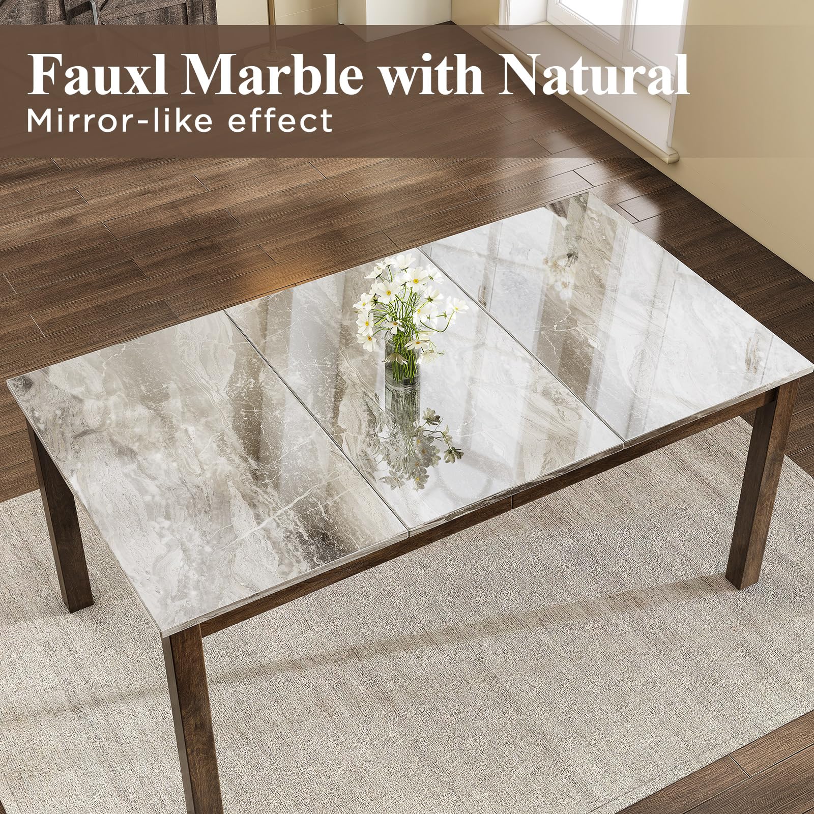 LUXOAK 7-Piece Solid Wood Dining Table Set, 71" Faux Marble Kitchen Table with 6 Chairs, Curved Backrests & PU Cushioned Seats, Perfect for Dining Room & Living Room