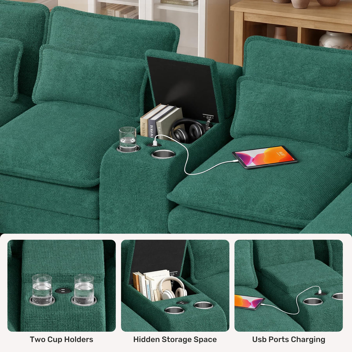 134" U Shaped Modular Sectional Sofa, Oversized Cloud Couch with Double Chaise Lounge, Storage Console, Cup Holders & USB Port, Comfy Chenille Deep Seat Couch Set for Living Room, Green