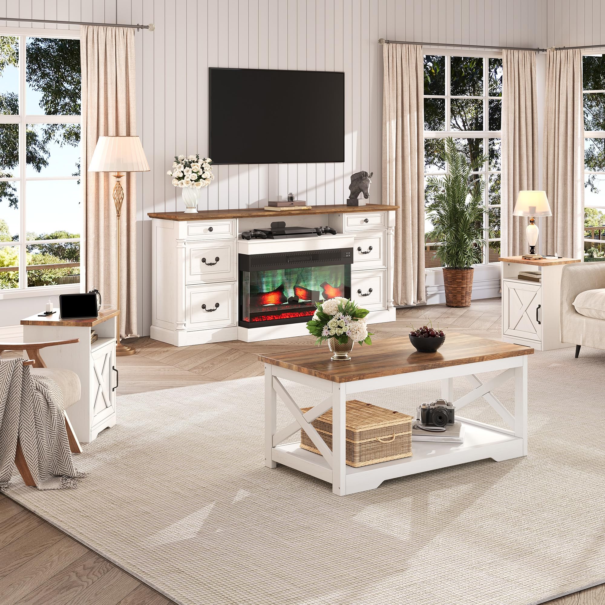 3-Piece Farmhouse Coffee & End Table Set with Charging Station