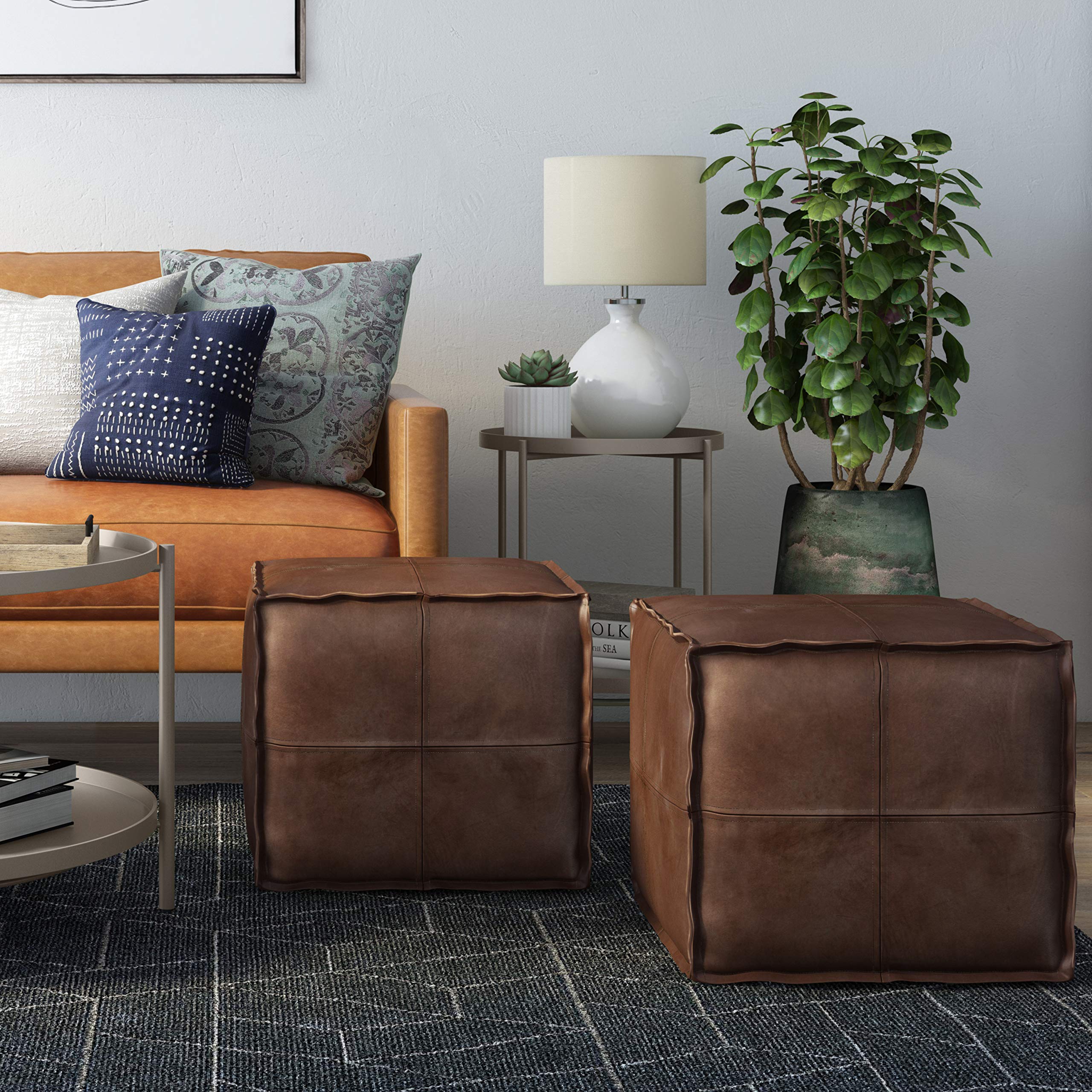 SIMPLIHOME Brody Square Pouf - 18" Wide x 14" High Upholstered Vegan Leather Ottoman in Distressed Dark Brown, Boho Footstool, Coffee Table or Extra Seating for Living Room or Bedroom, Assembled