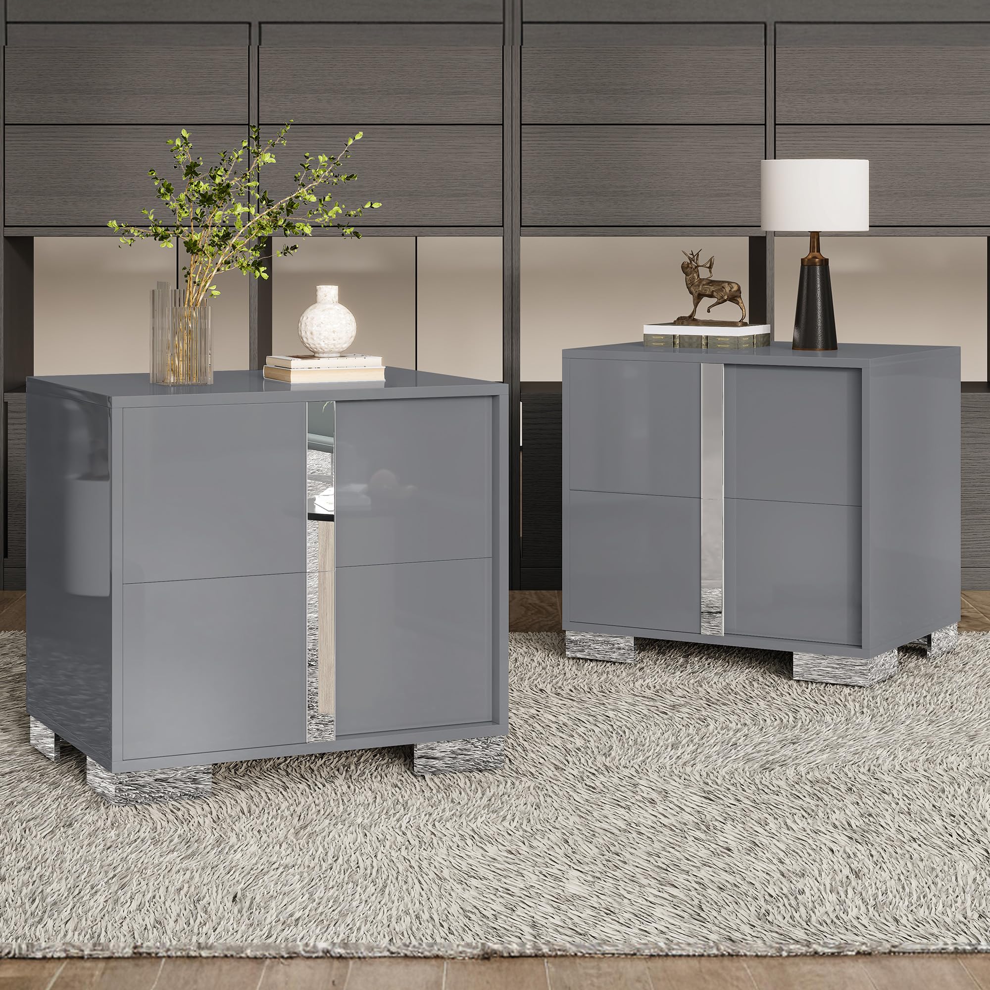 High Gloss Nightstand with 2 Drawers