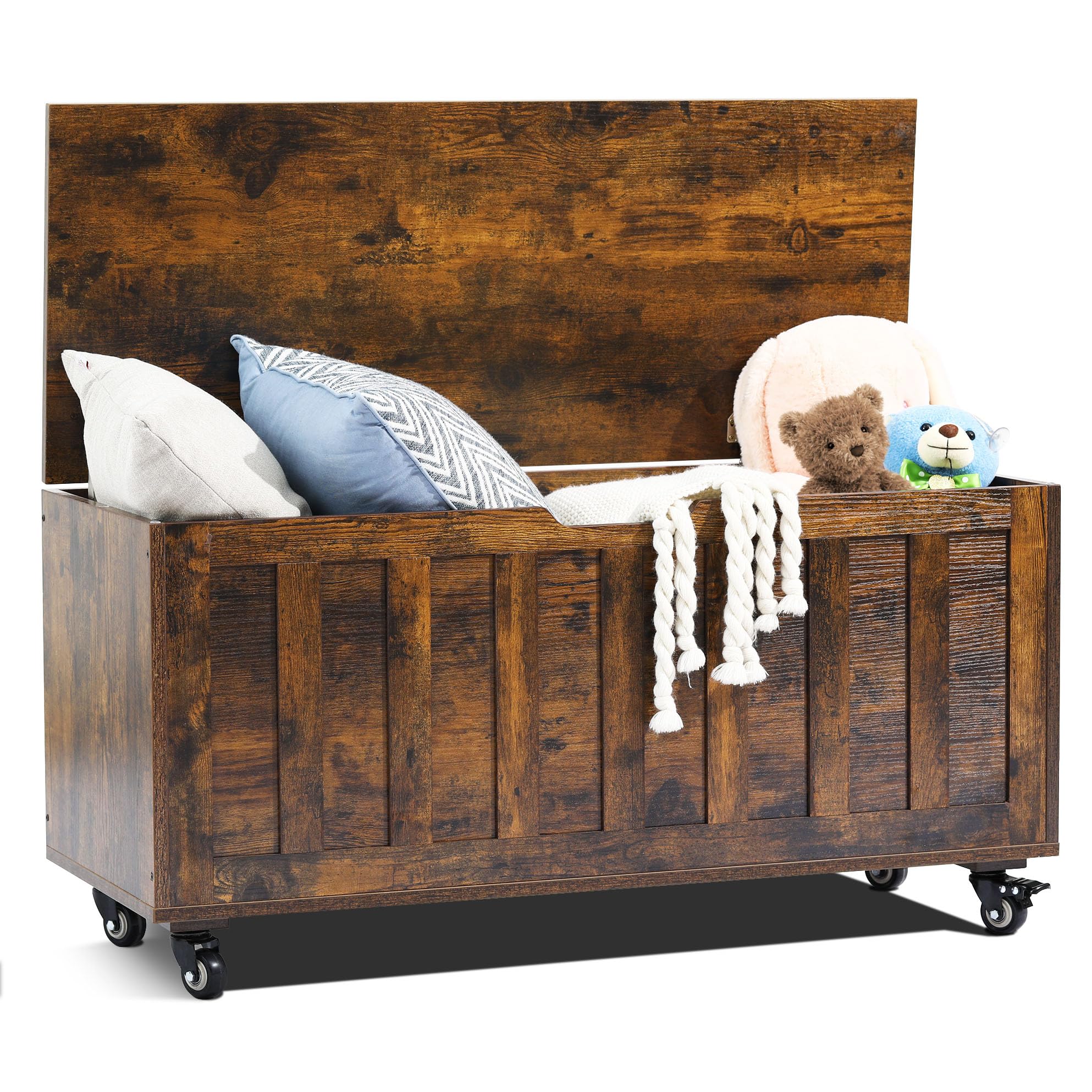 HYZ Storage Chest, 39.4'' Wooden Storage Bench with 4 Wheels & 2 Safety Hinges, Retro Toy Box Support 300 lbs for Bedroom, Living Room, Easy Assembly, Rustic Brown