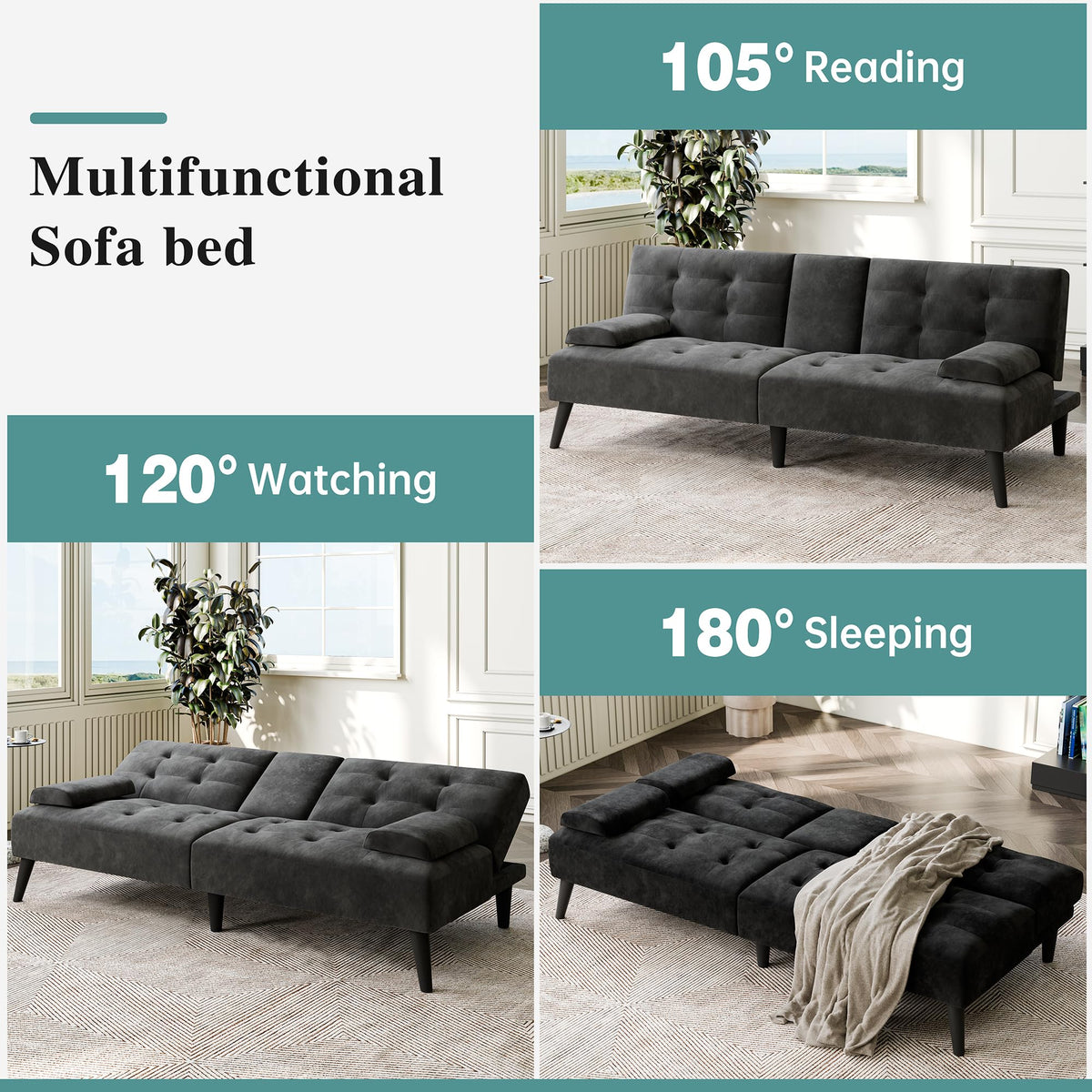 Meilocar 64" Futon Sofa Bed, Small Loveseat, Cup Holders Armrests, Black