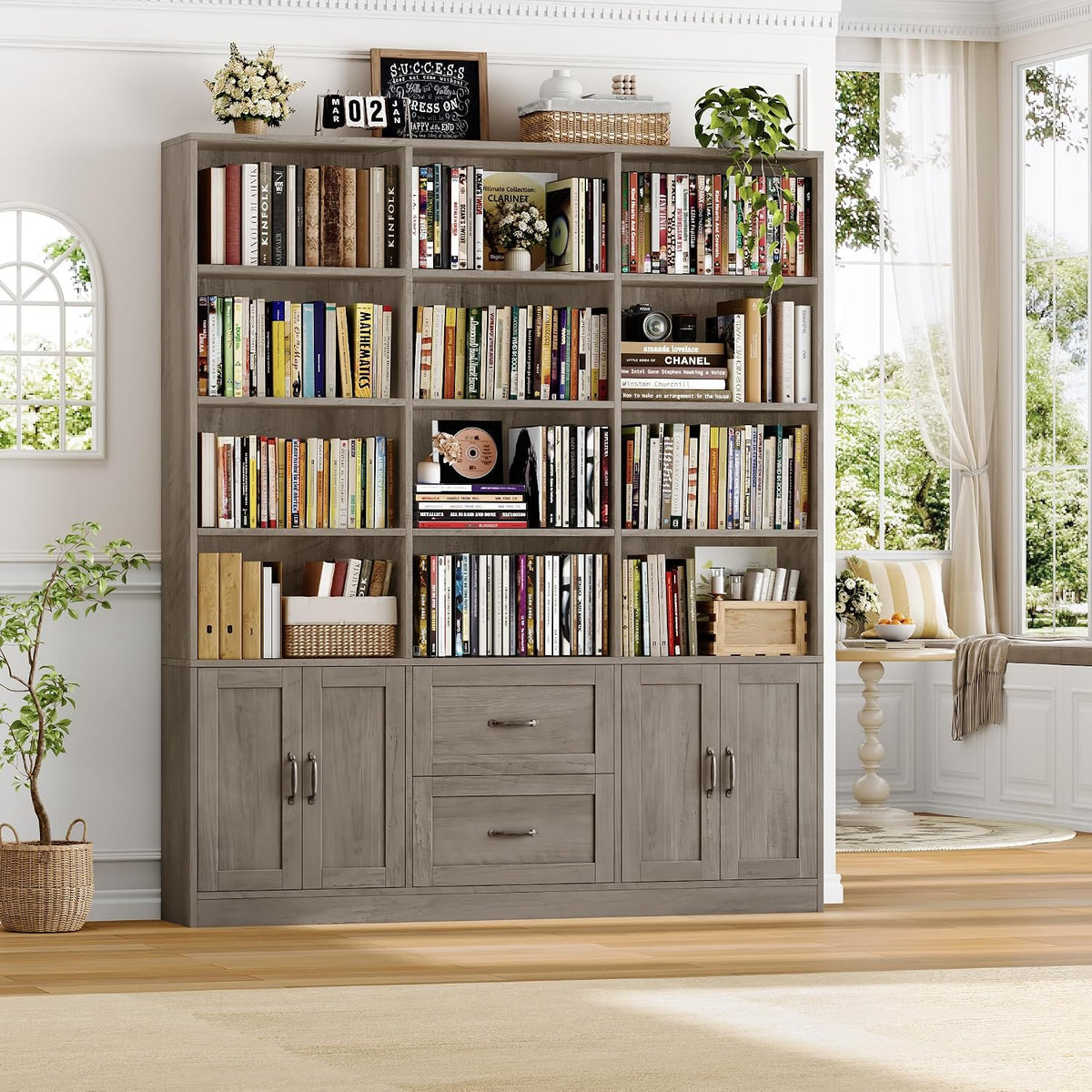 Triple-Wide Bookcase with Drawers & Doors