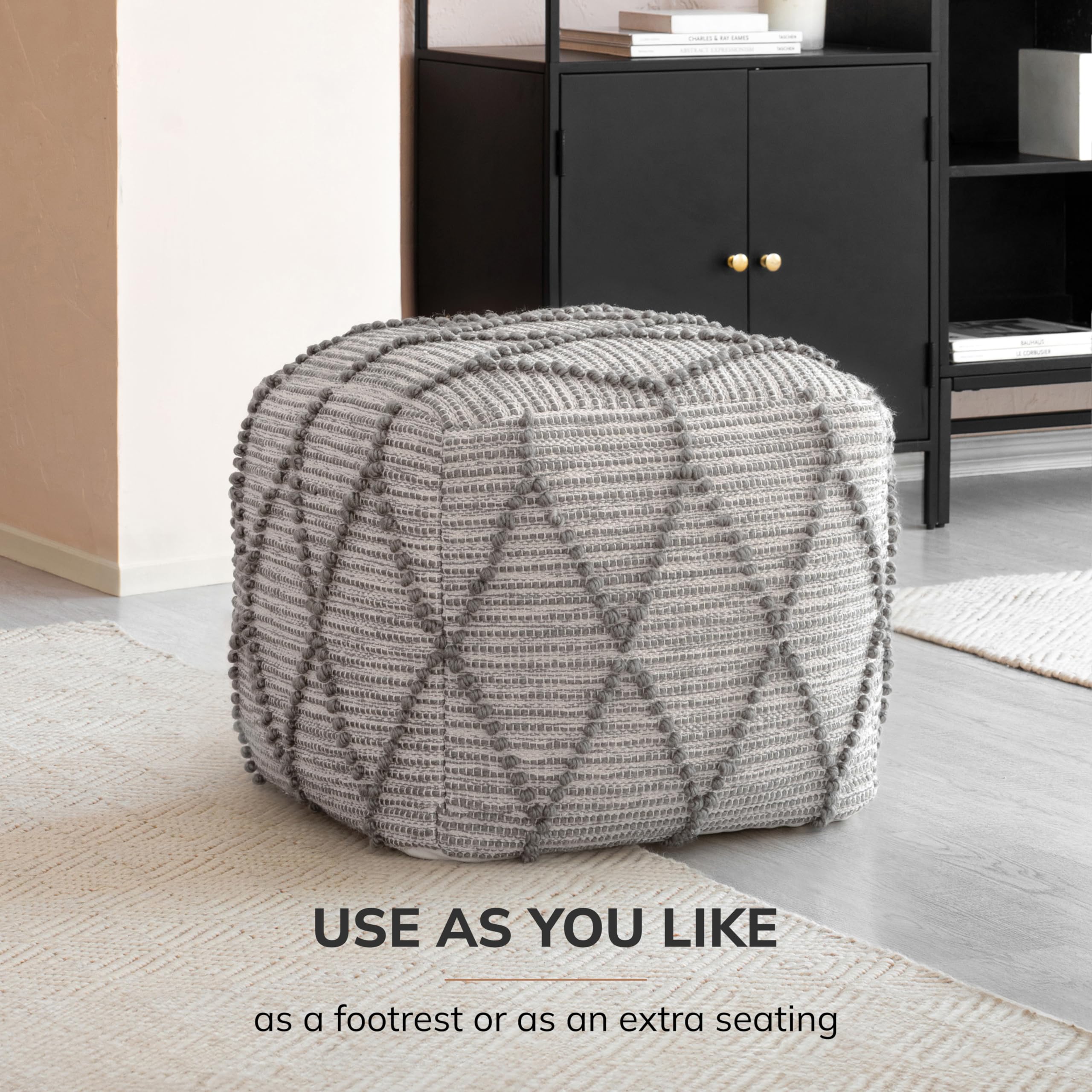 Anji Mountain Pouf Ottoman Foot Rest, Handmade Ottoman Pouf, Comfortable Foot Stool, Decorative Floor Seating for Living Room Decor, Bedroom & Home Décor Accent - Warm Gray