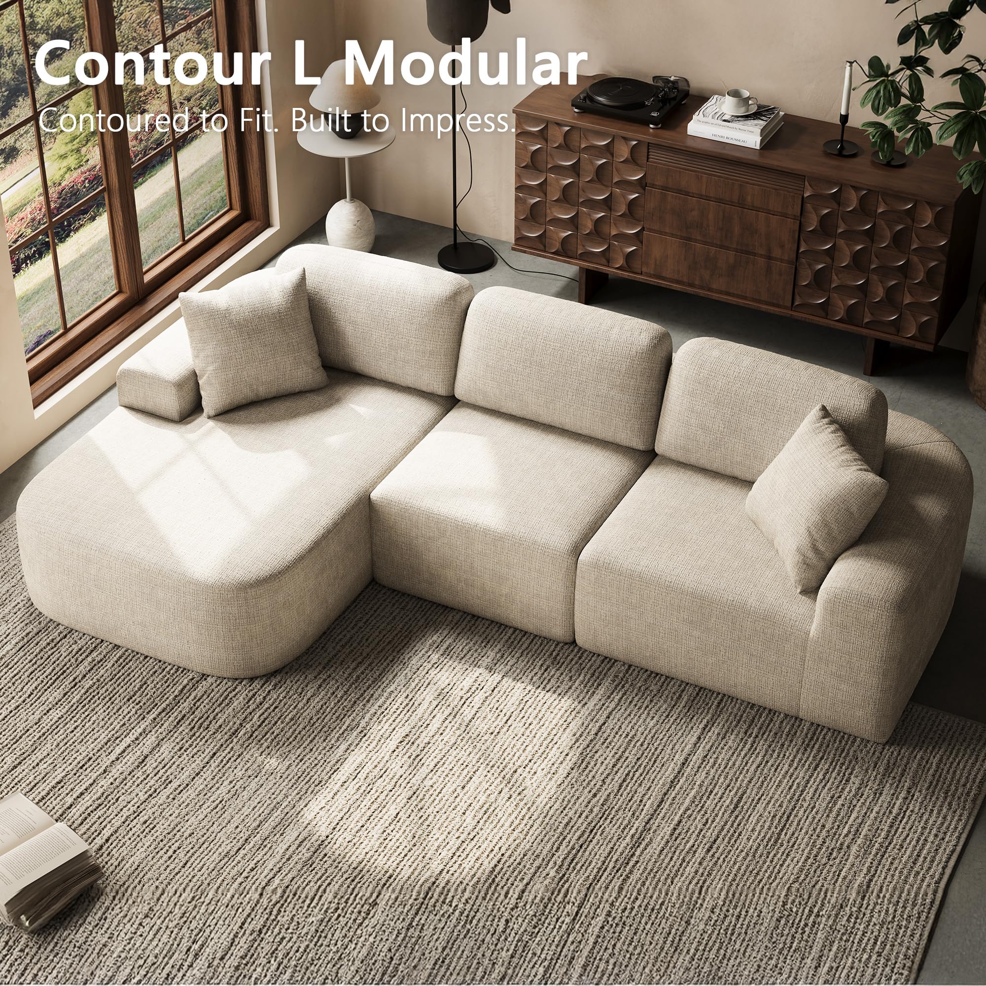 Dowinx 107'' Modular Sectional Sofa Couch with Chaise, No Assembly Required, Modern Bouclé-Inspired Upholstery, Convertible L-Shaped Design for Living Room – Oatmeal Beige
