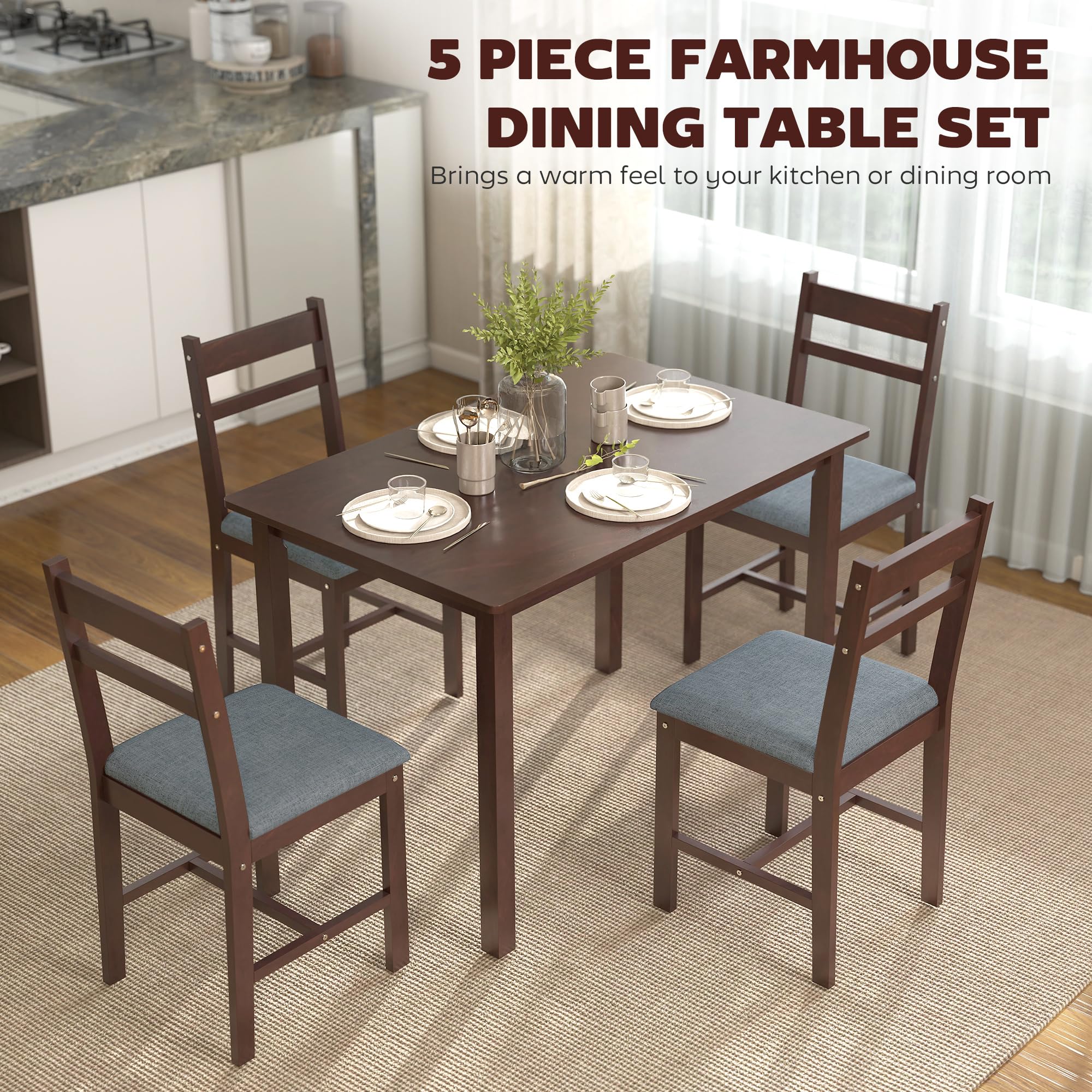 5-Piece Farmhouse Dining Table Set for 4