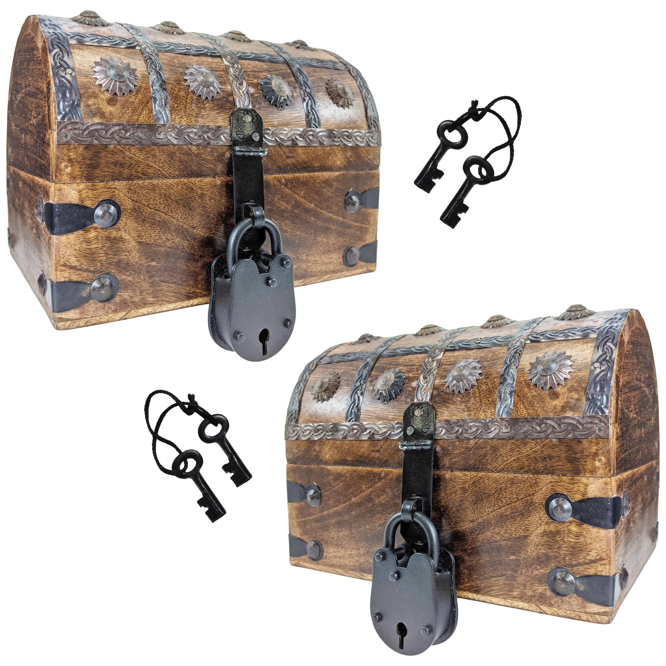 SciencePurchase 2 Pack Pirate's Treasure Chest (8" x 6" x 6") Wooden Nautical Jewelry Boxes, Each with Functional Lock and 2 Keys, Wood with Iron Accents, Hinged Lid